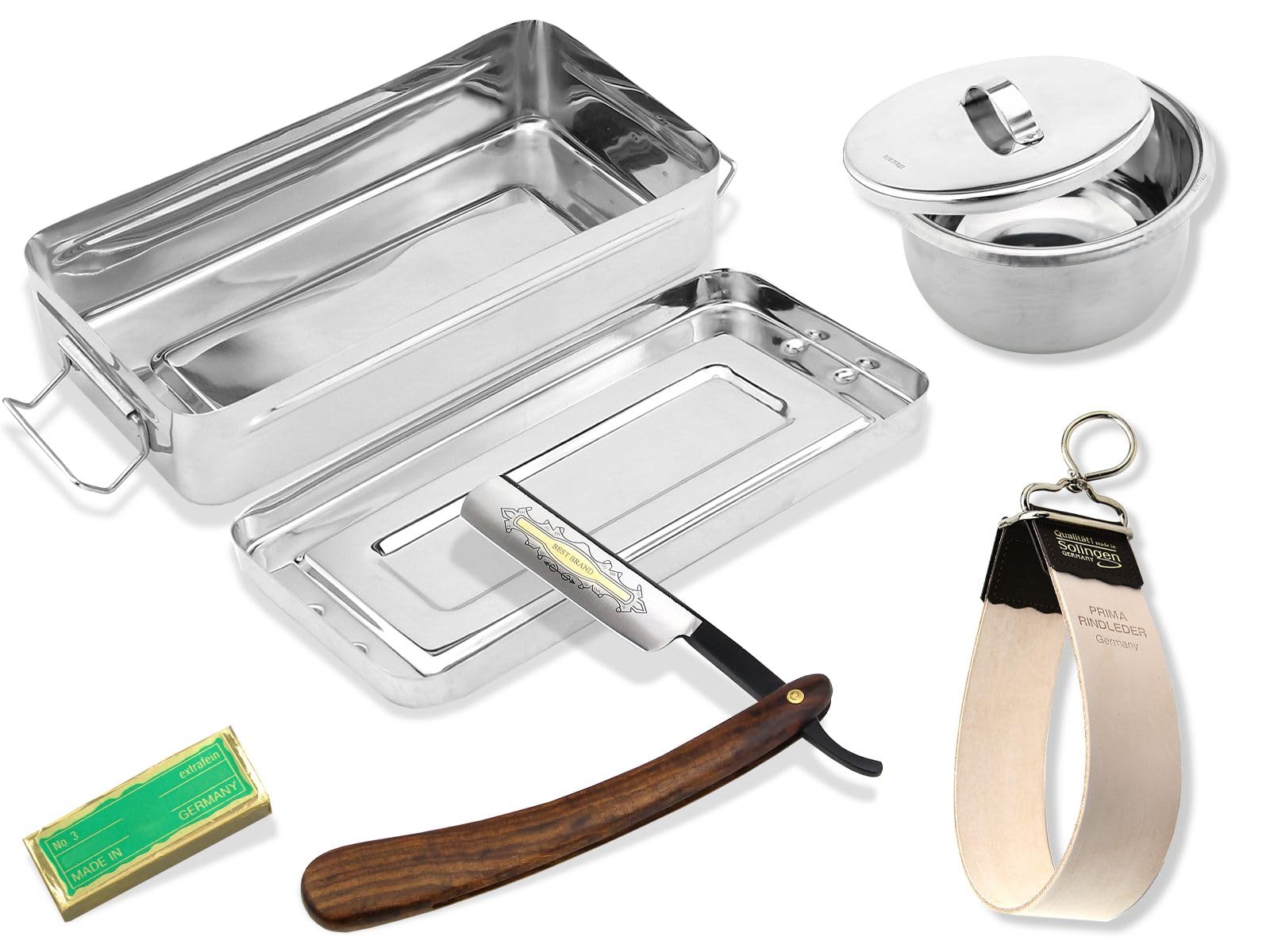 Rasiermesser Geschenk als 5-teiliges Bartpflege-Rasurpflege Set für Männer | Barber Set Geschenkidee für die klassische Nassrasur mit Solinger Schleifpaste inkl. Rasierschaum Schale & Aufbewahrungsbox
