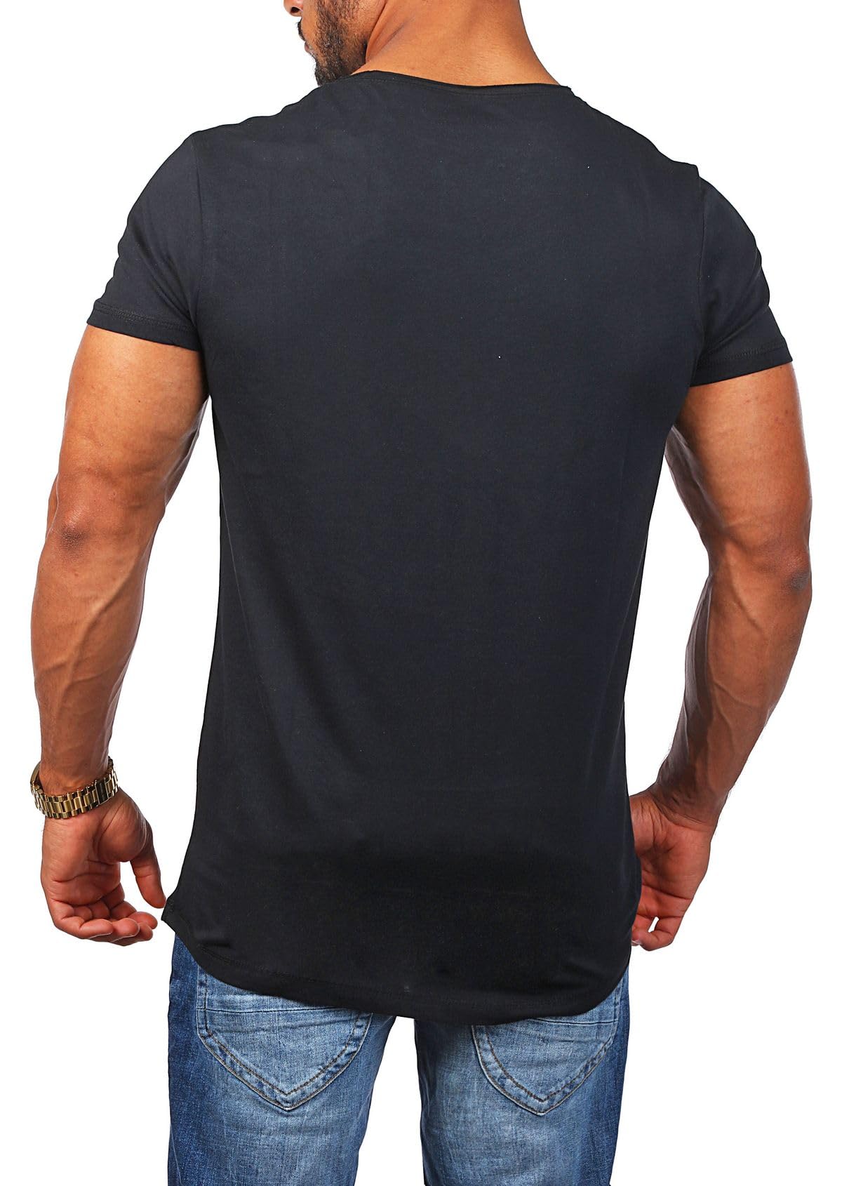 Young & Rich Herren Uni T-Shirt mit tiefem Rundhals Ausschnitt einfarbig körperbetontes Basic Tee Vintage Look 1702