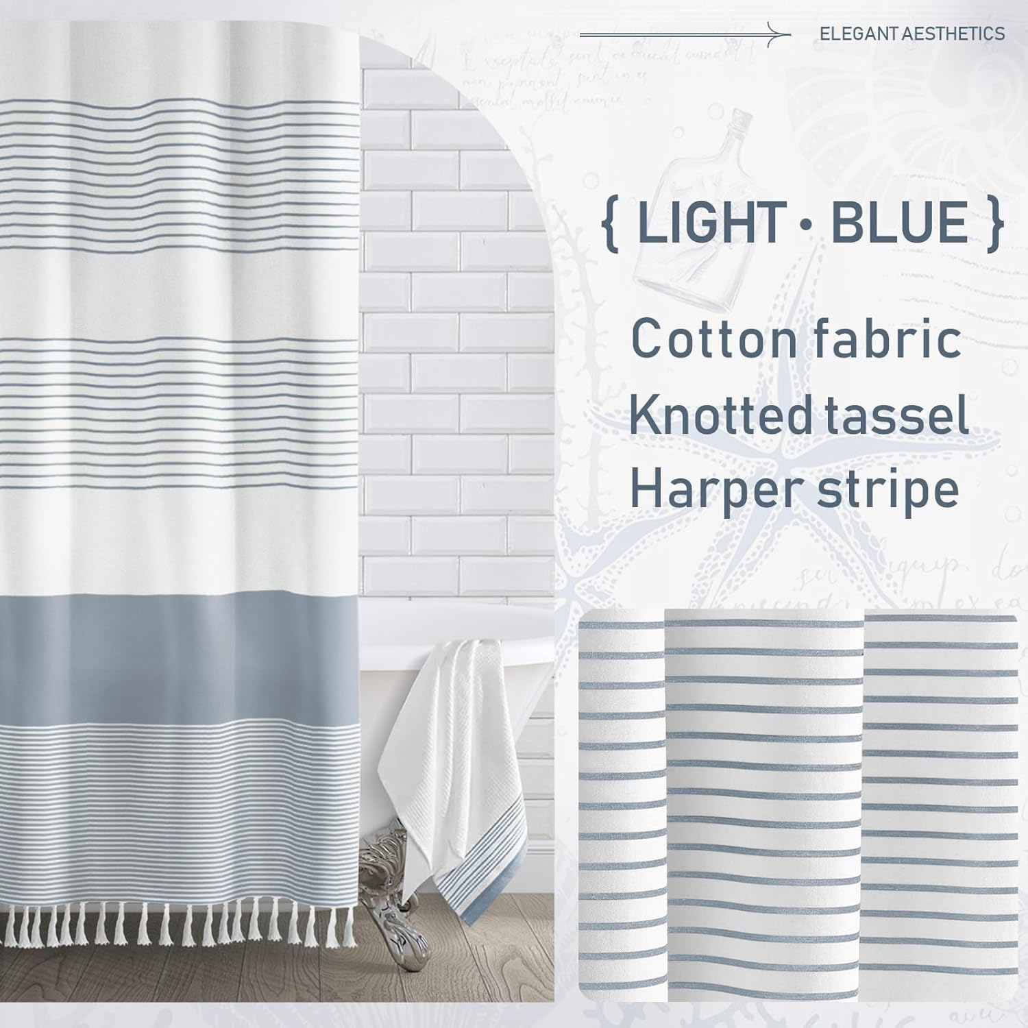 Awellife Blue Shower Curtain Beach Ocean Coastal Nautical Shower Curtain for Bathroom Stripe Tassel 72 X 72 Inches Cotton
