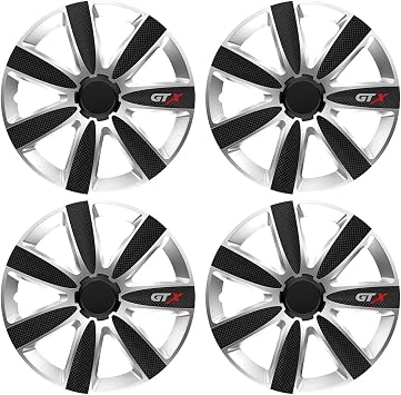 Shield Autocare Car Wheel Trims | Set of 4 Hub Caps Universal Fit Cover Protectors GTX, Black & Silver, 13 Inch