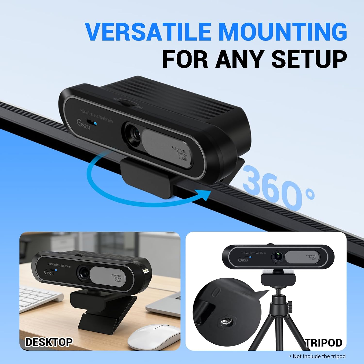 Gsou Wireless Webcam 1080P Full HD with Auto Electric Privacy Cover -2.4G Rechargeable Wireless Computer Camera with Manual Focus Ring, Half-Day Battery Life, Webcam for Streaming, Teams, Zoom, PC/Mac