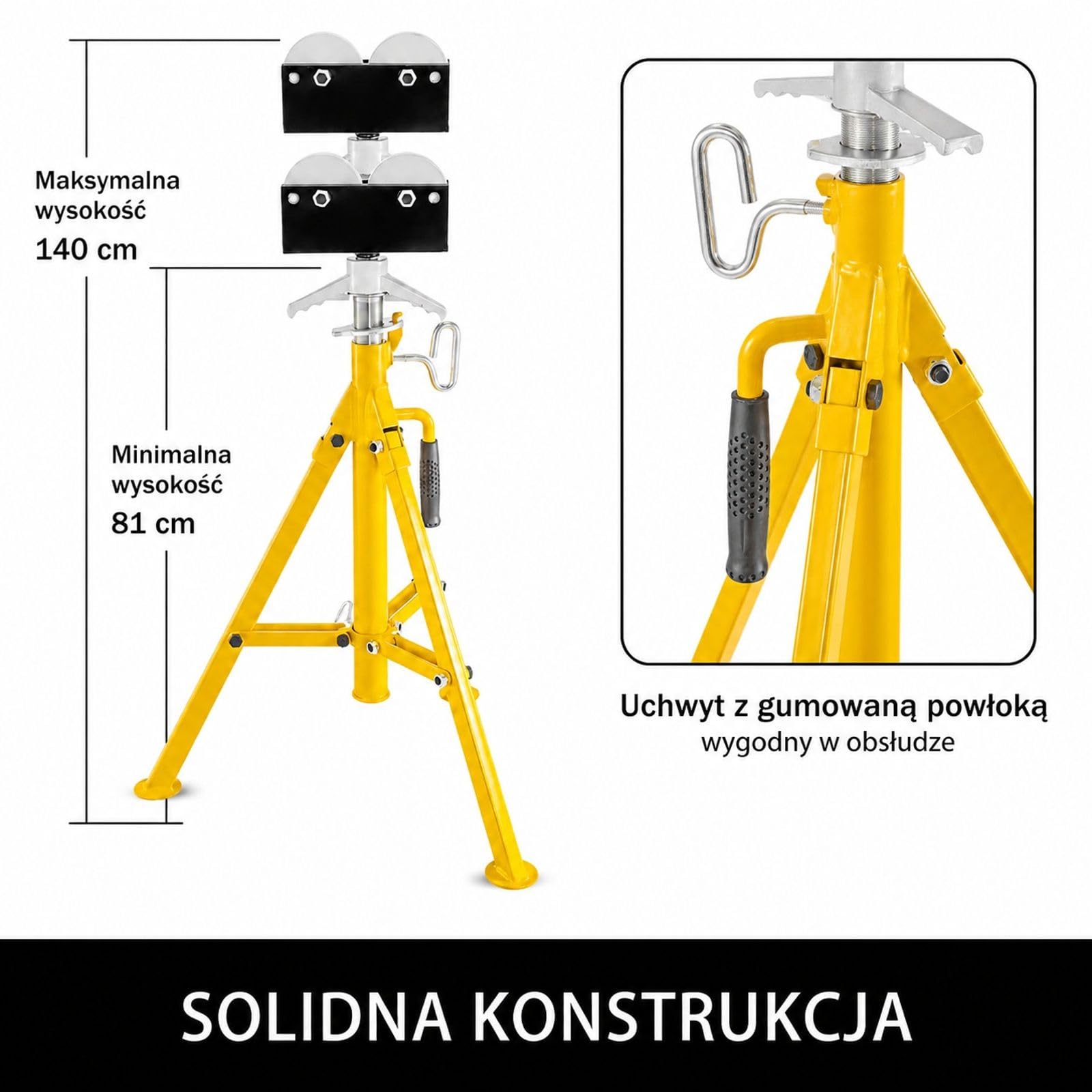 Stalowy stojak podporowy do rur z głowicą rolkową, gumowanym uchwytem, składanymi nogami i zaokrąglonymi stopkami