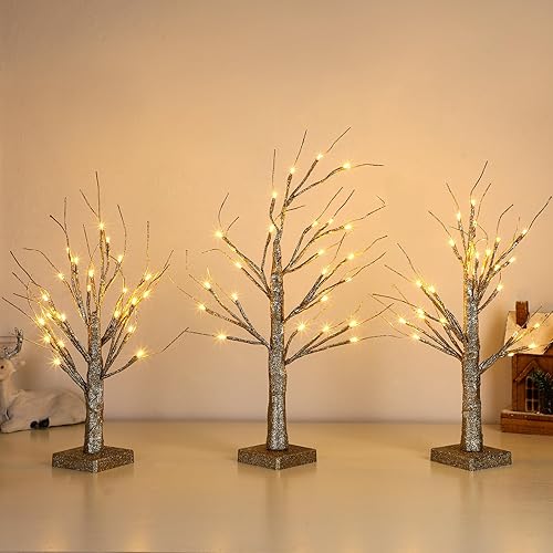 Miniatura 8 de 3 piezas de abedul iluminado de 1.5 pies 1.65 pies 2 pies mini árbol de abedul con 24 luces LED blancas cálidas funciona con pilas, luz artificial