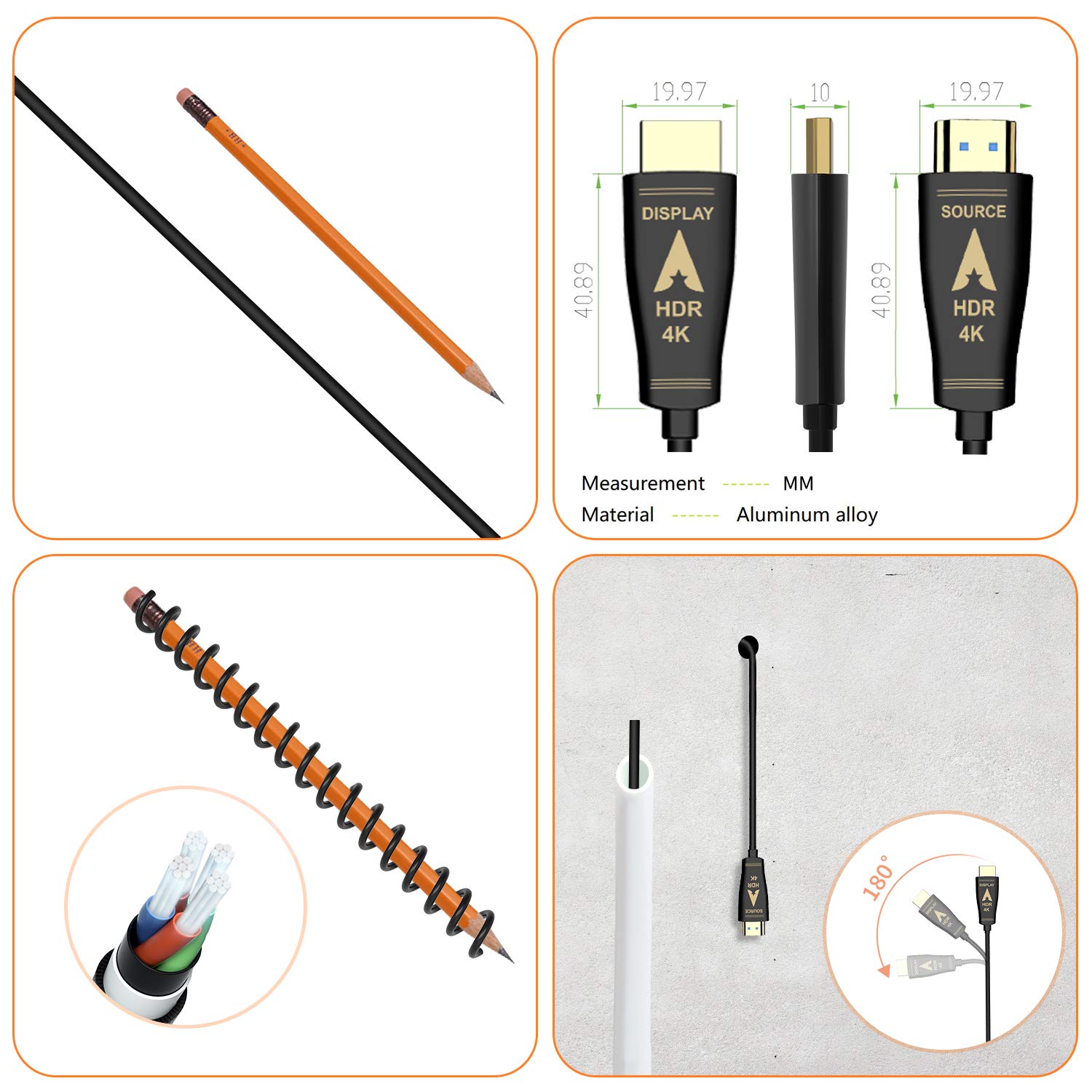 Cavo HDMI in fibra ottica 10 m supporta 4K60 4:4:4 Chroma eARC 18G/BPS HDR D-o-l-b-y Vision and Atmos, HDCP2.2, cavo attivo HDMI ultra sottile e flessibile, in lega di zinco, AOC30