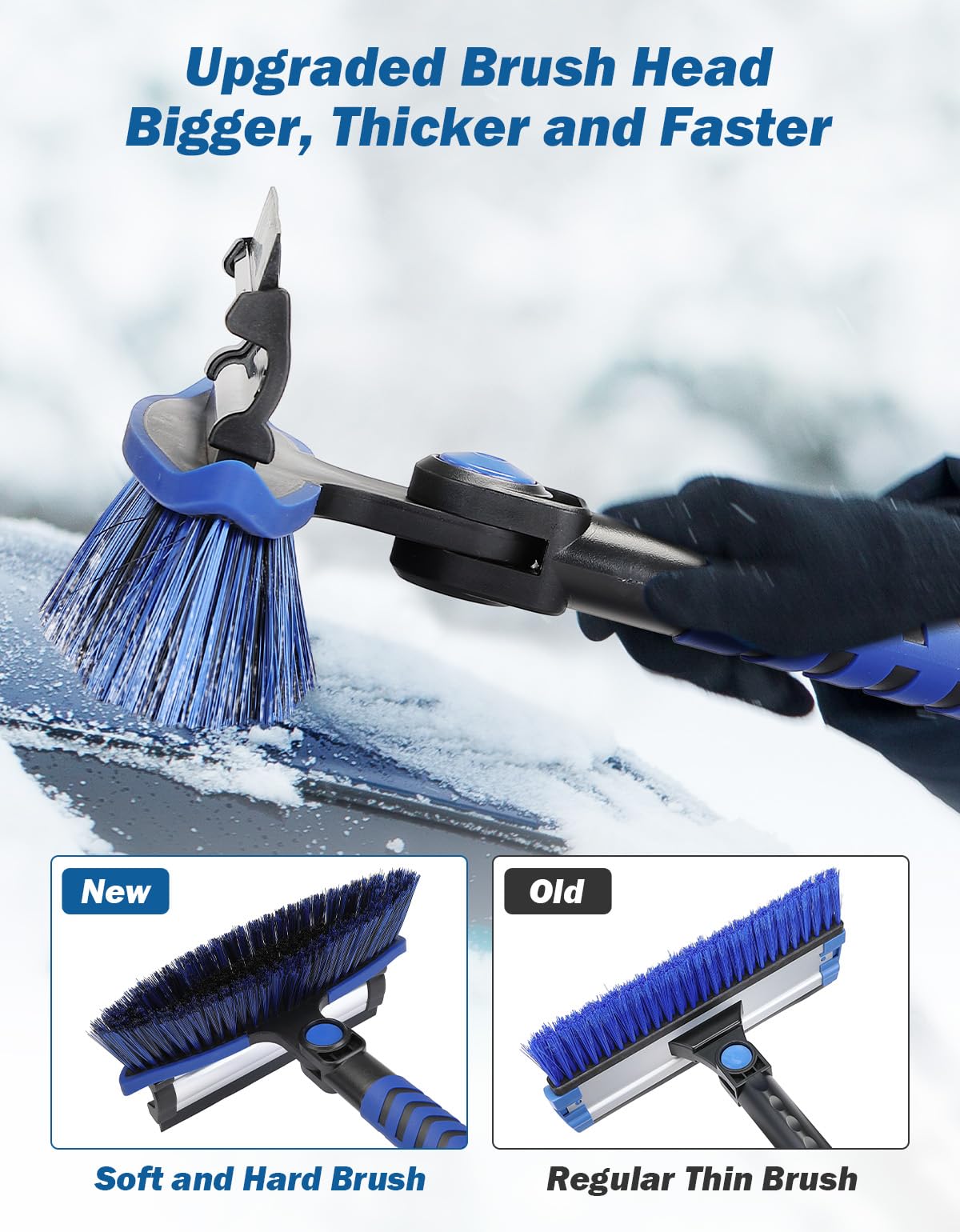 JOYTUTUS Brosse à neige extensible de 105 cm et grattoir à glace, brosse à neige pivotante à 270 ° pour pare-brise de voiture, grattoir à glace télescopique, poignée en mousse, déneigement robuste
