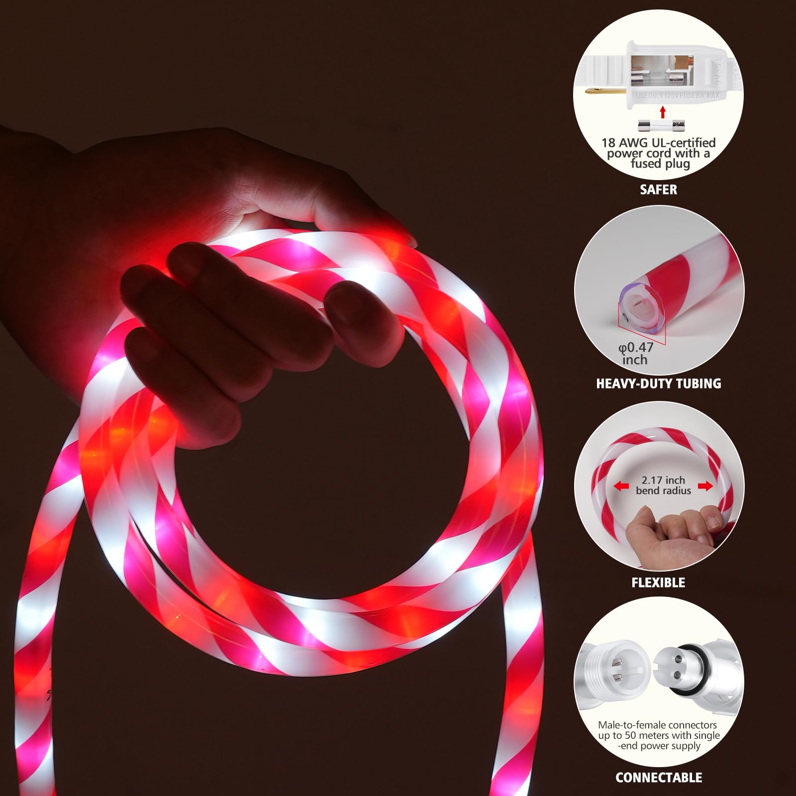 Shine Decor Corde lumineuse en sucre d'orge, rouge/blanc, ETL, 20 m