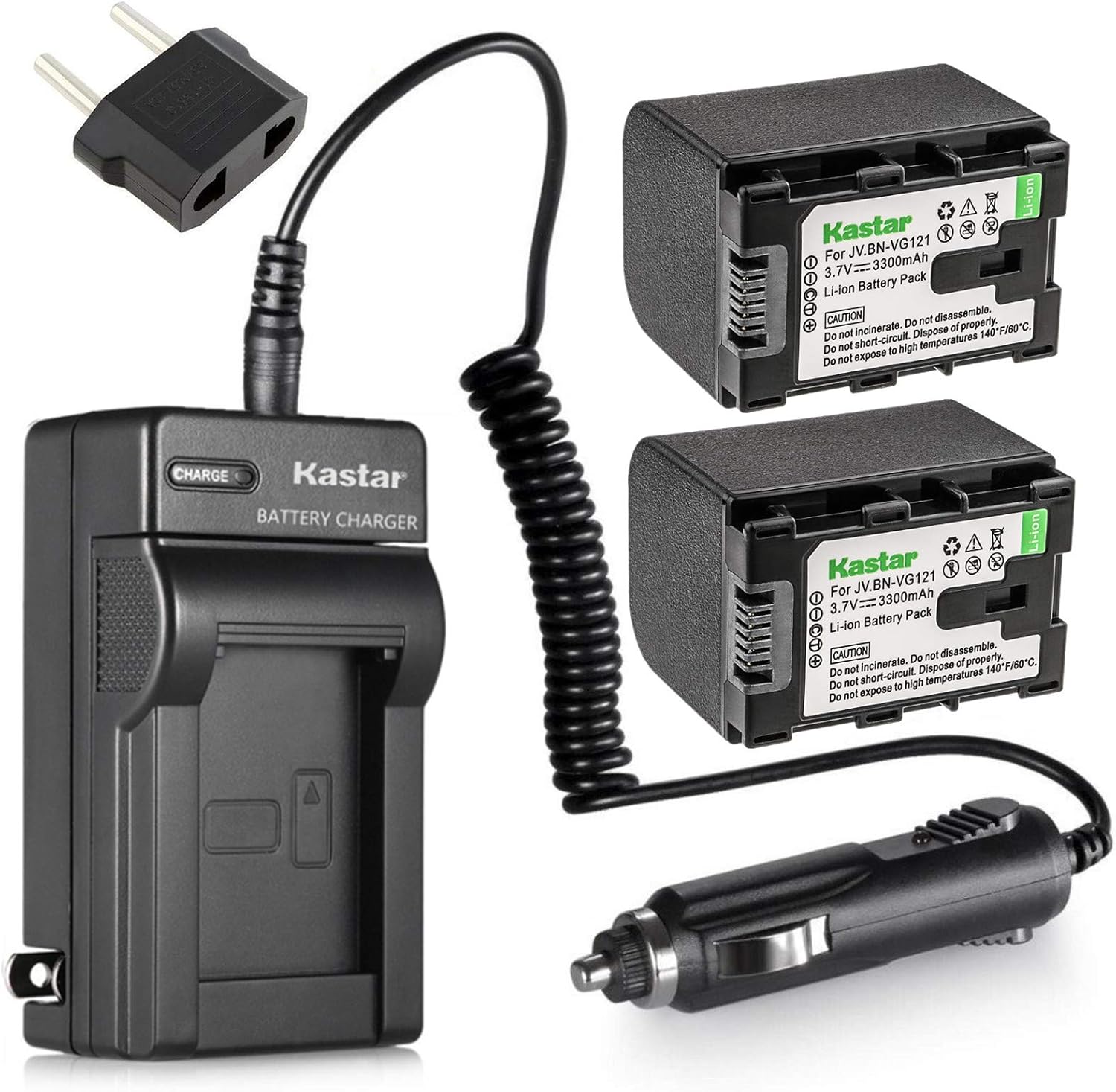 Kastar BNVG121 Battery 2X + Charger for JVC BN-VG121 BN-VG121U BN-VG121US BN-VG114 BN-VG114U BN-VG114US BN-VG107 BN-VG107U BN-VG107US JVC GZ-E10 GZ-E100 GZ-E15 GZ-E200 GZ-E205 GZ-E208 GZ-E220 GZ-E225