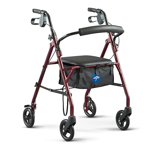 Medline Steel Rollator Walker with Seat, Burgundy, 350 lb. Weight Capacity, 6” Wheels, Foldable, Adjustable Handles, Rolling Walker for Seniors, Walker for Mobility Impaired - Burgundy