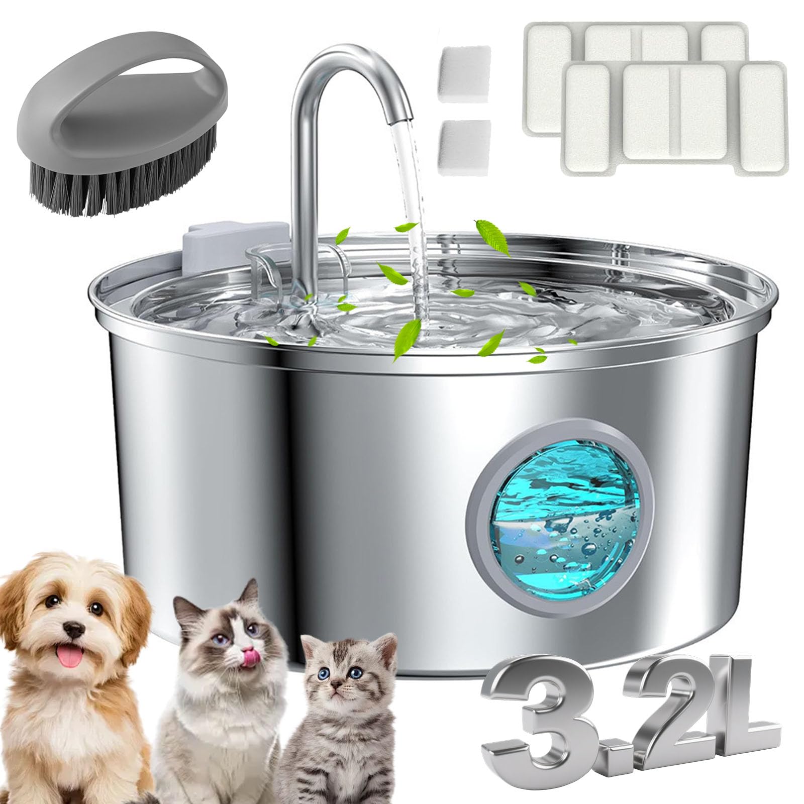Water Fountain for Cats, 3.2L/7L Cat Fountain, Super Quiet Stainless Steel Fountain Water Bowl for Small Cats Dogs & Medium and Large Animals (Silver, 3.2L-with 2 Filter Element)