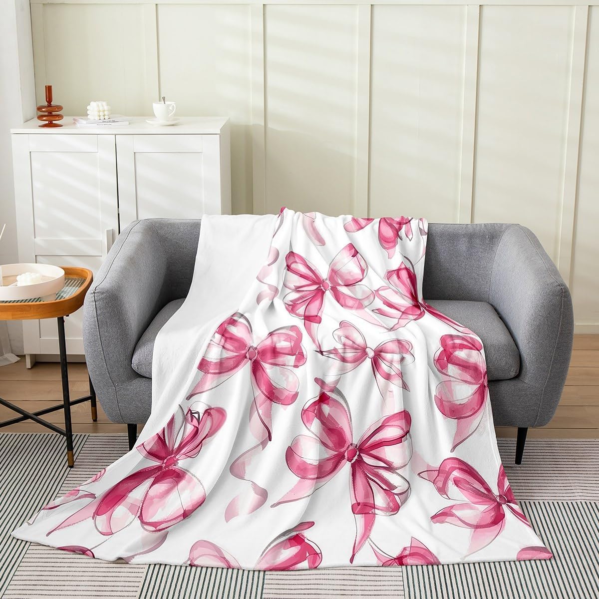 Feelyou Bow All Season,Bed Blanket for Sofa Couch Kids Woman Throw 50"x60" Pink Bow Ribbon Plush Throw Blanket, Ultra Soft Bow Pattern Flannel Fleece Blanket Girly Room Decor Pink Bowknot Bow Decor