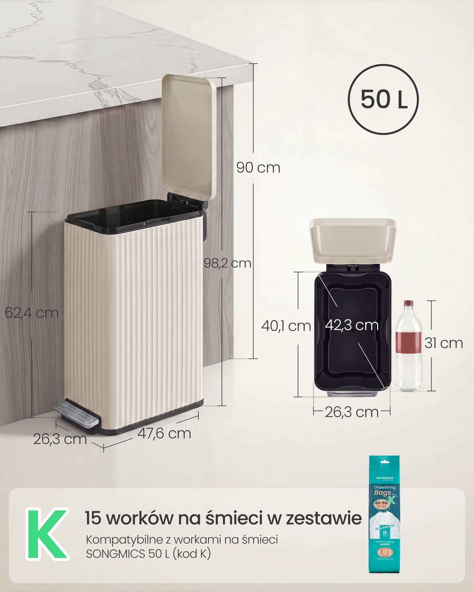 SONGMICS Kosz na śmieci do kuchni, 50 l, z pedałem i pokrywą, system cichego domykania, wyjmowany wkład, stalowy, w zestawie 15 worków na śmieci, kolor kremowo-biały (LTB350LZ02)