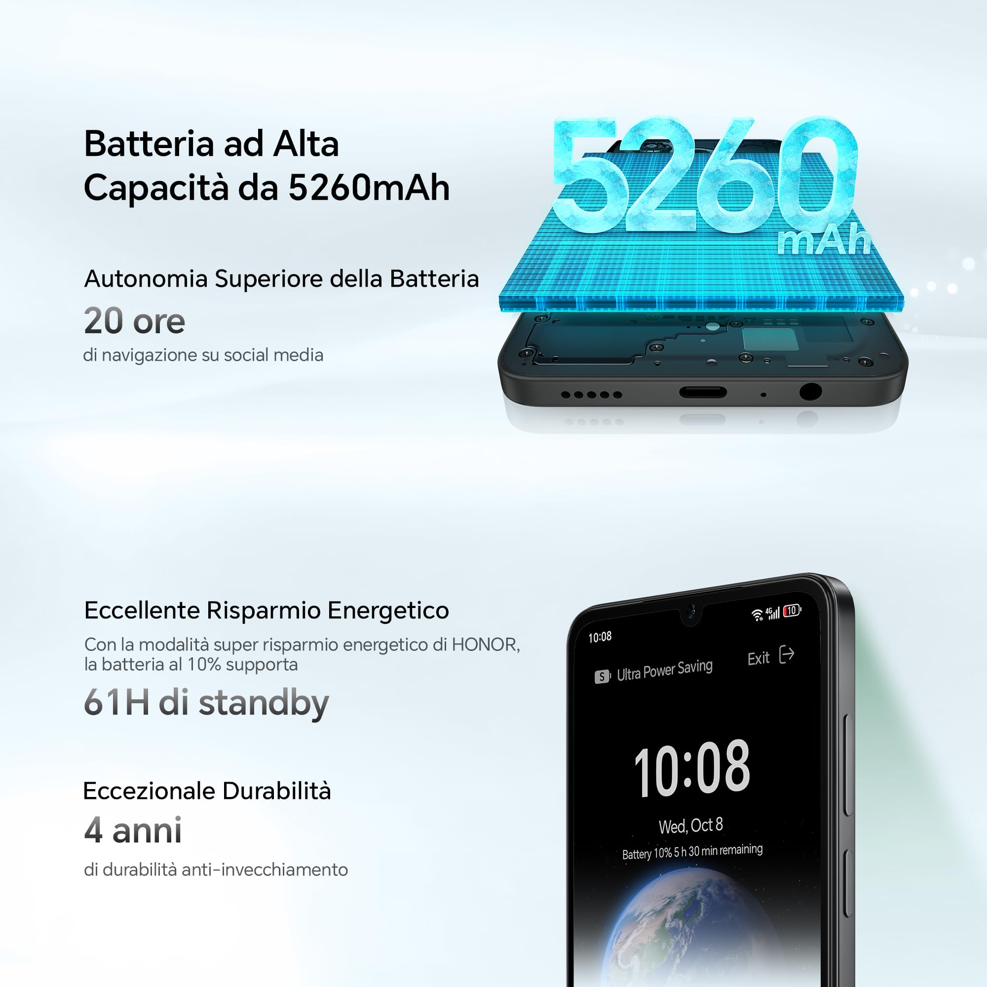 HONOR X5c Plus Smartphone,5260 mAh, 4G RAM/128G telefono con Display 6,74 pollici 90 Hz, Fotocamera 50+5MP, Android 15, Octa-core cellulare impronta digitale e riconoscimento facciale, Midnight Black