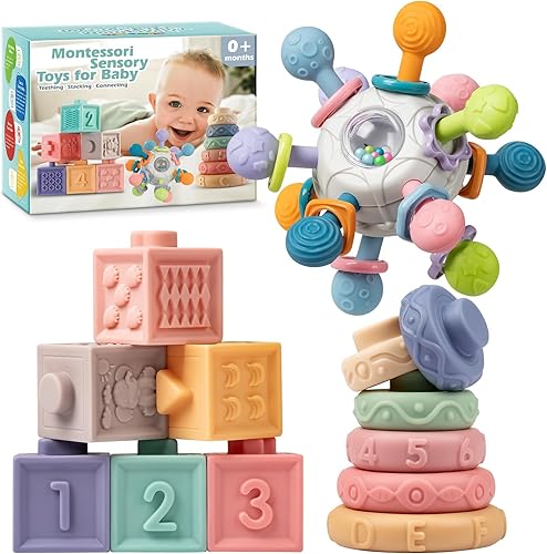 Miniatura 1 de SpringFlower Juguetes Montessori 3 en 1 para bebés de 0-3-6-12 meses, mordedores de sonajero y bloques para bebés y anillos apilables suaves,