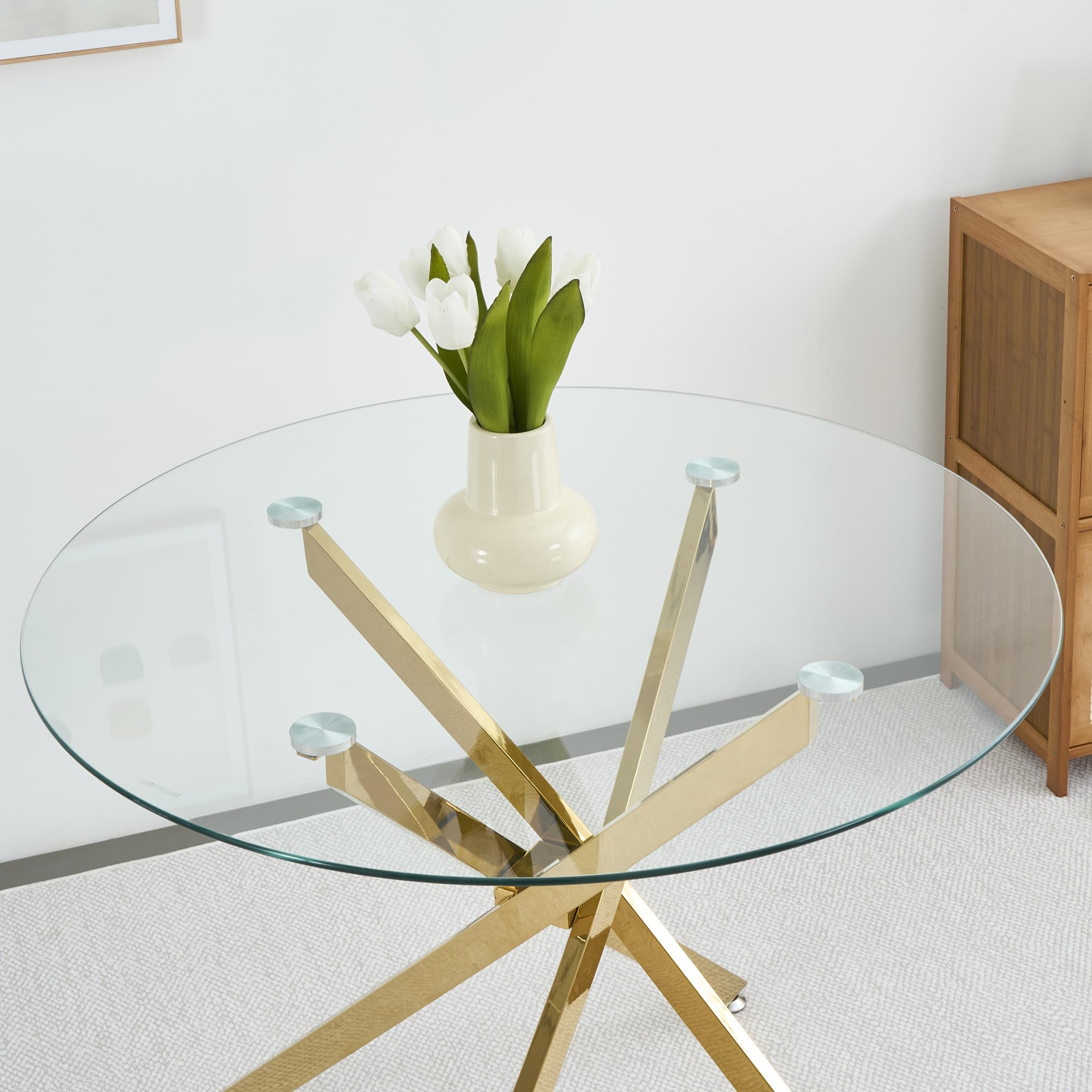 Table à manger ronde 80 x 80 x 76 cm - Table en verre avec plateau en verre trempé et pieds en métal doré - Table de salle à manger moderne pour 2 à 4 personnes - Table de cuisine au design
