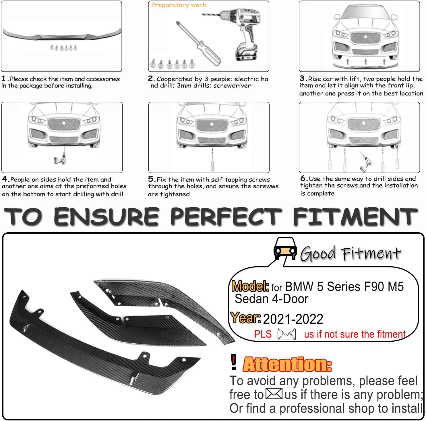 Dry Carbon Fiber Front Bumper Lip for BMW 5 Series F90 M5 2021-2022 Sedan 4-Door 3pcs/Set Front Chin Spoiler Splitter Protector Factory Outlet