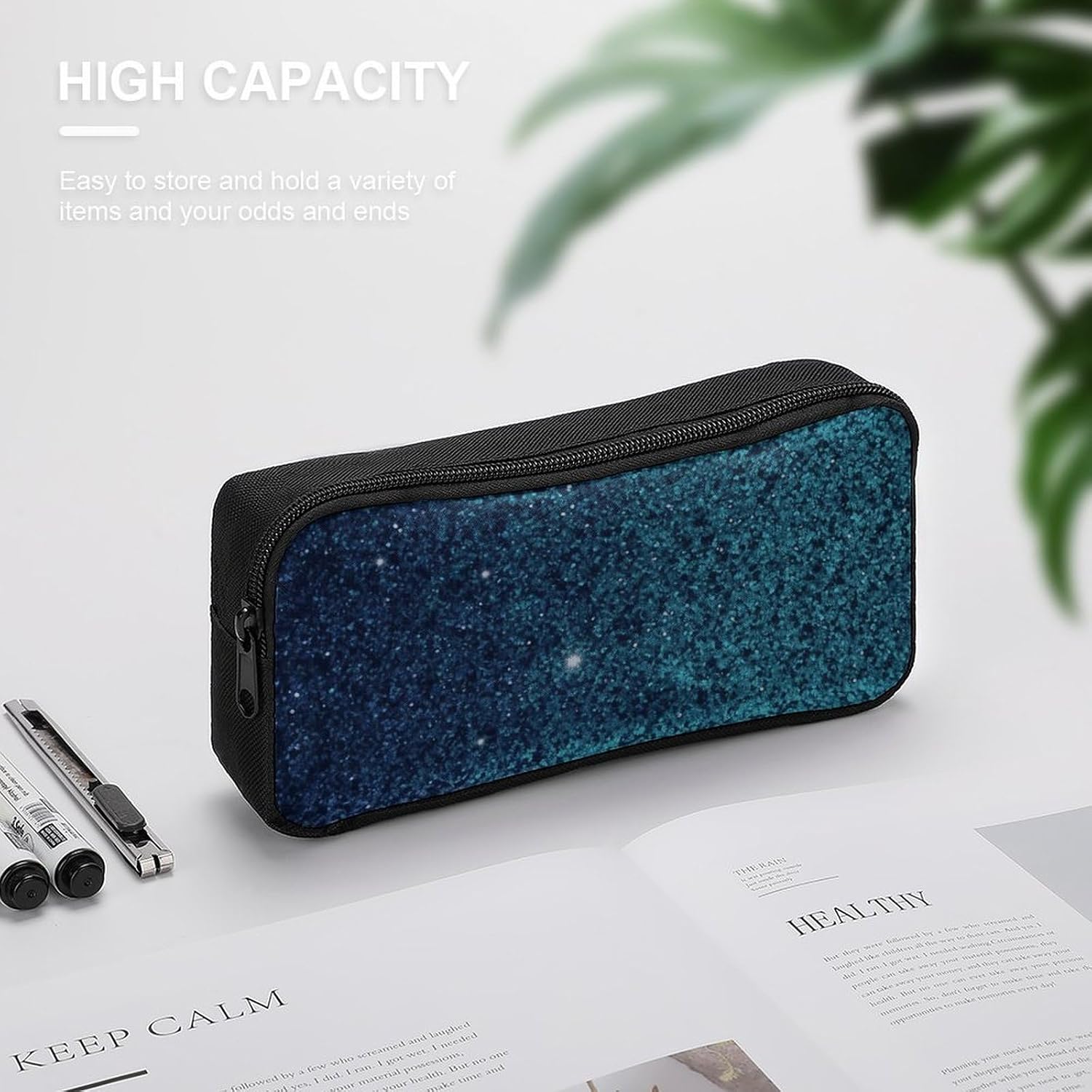Teal Glitter Large Pencil Case, Pencil Pouch with Zipper image 4