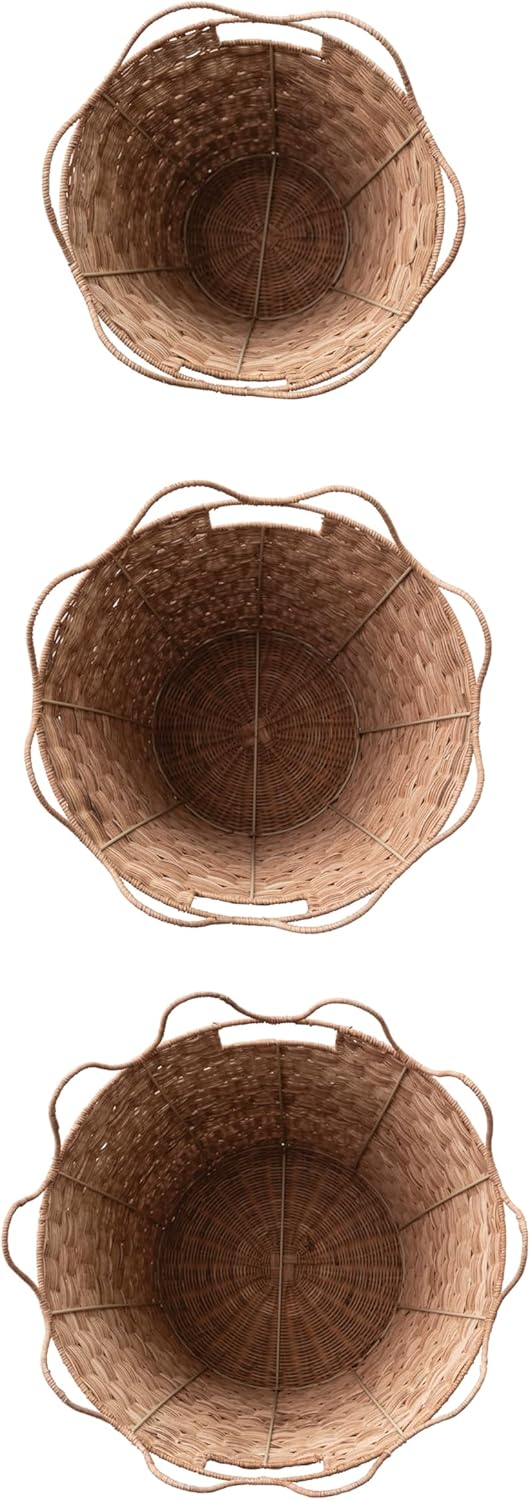 Creative Co-Op 3-Piece Hand-Woven Rattan Scalloped Baskets with Handles, Natural Finish