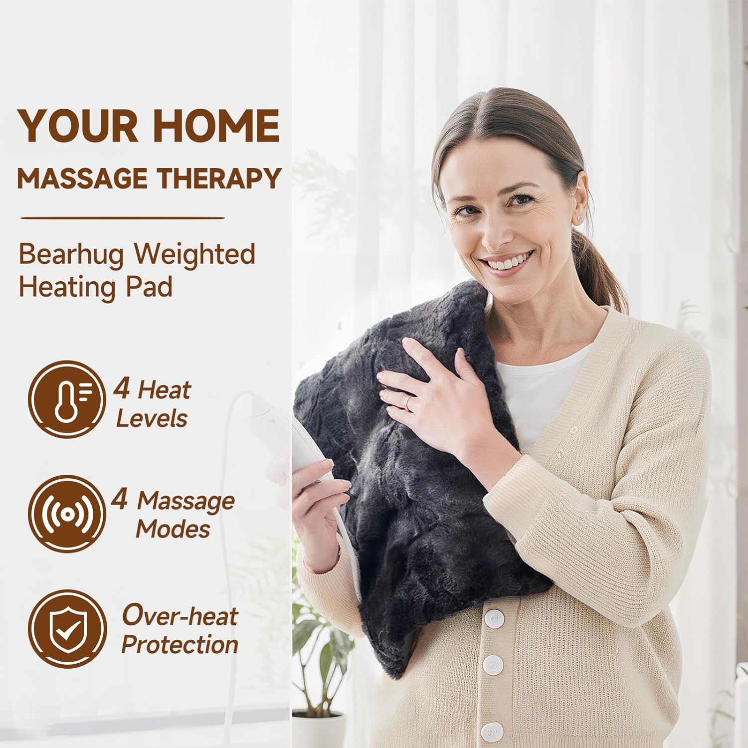 Heat Massaging Weighted Heating Pad for Back Pack, Weighted Electric Heating Pad with Massaging Vibrations 3.7lb Non-Toxic Beads 4 Heat Settings 4 Massage Modes 2h Auto-Off 12"x24"