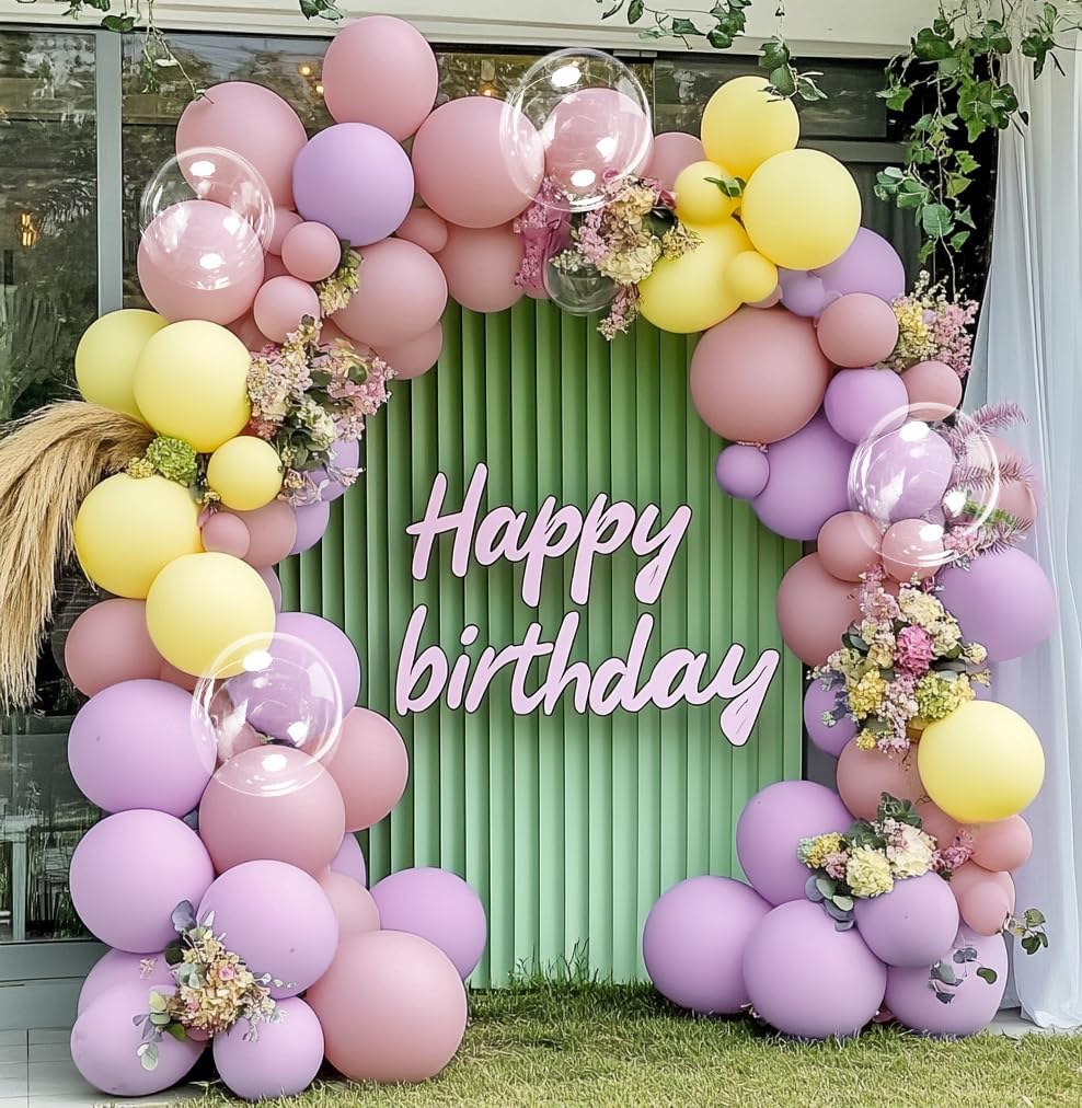 Yellow Pink Purple Balloon Garland Double Stuffed Pastel Yellow Lavender Dusty Pink Different Sizes 18In 12In 5In Balloon Arch Kit For Baby Shower Gender Reveal Birthday Party Decorations
