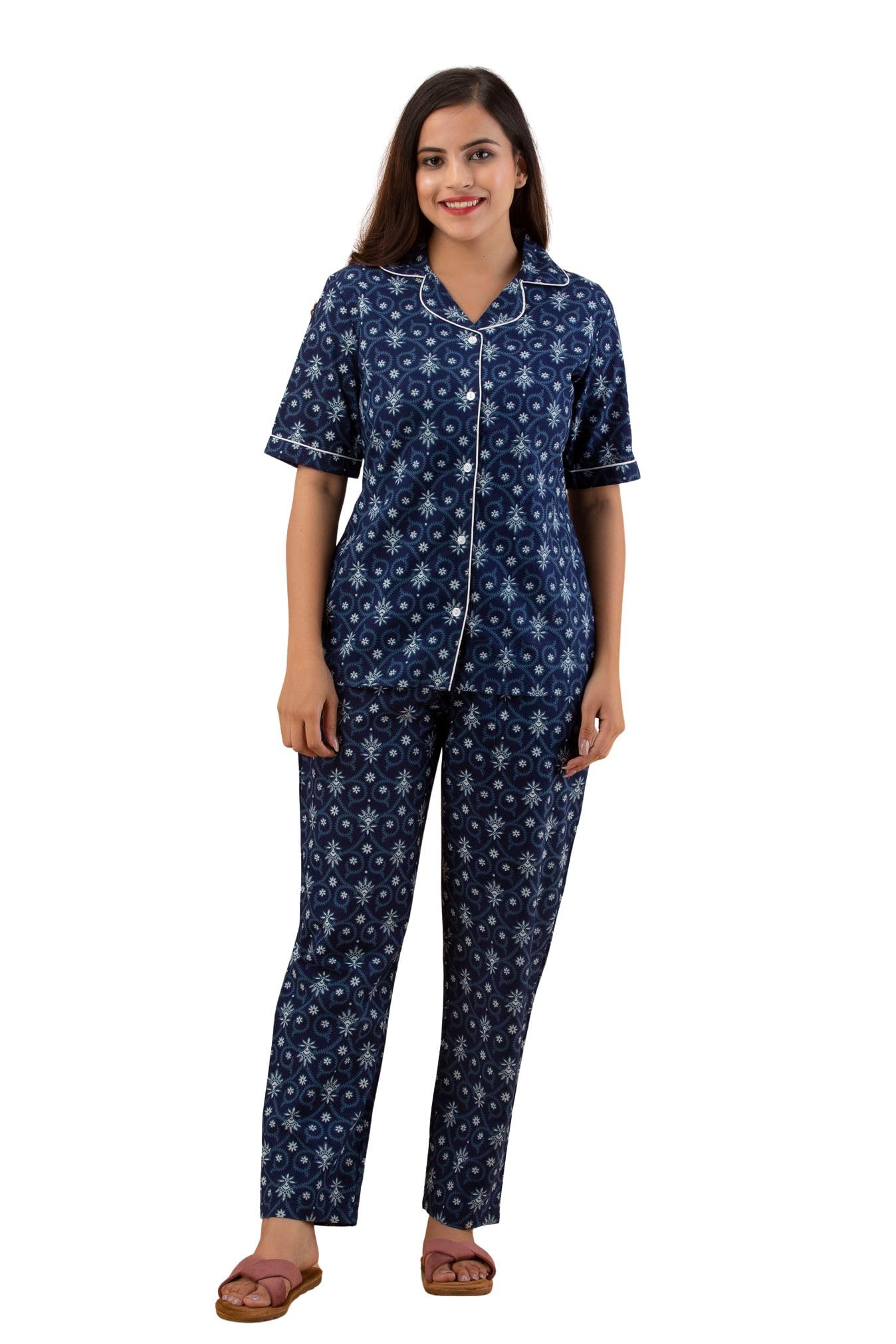 gordhan Women's Cotton Floral Printed Night Suit Set of Shirt & Pajama Set | Women Cotton Regular Fit Shirt and Shorts Night Suit (Night Wear | Co-ord Set | Lounge Wear Set)-picture-40