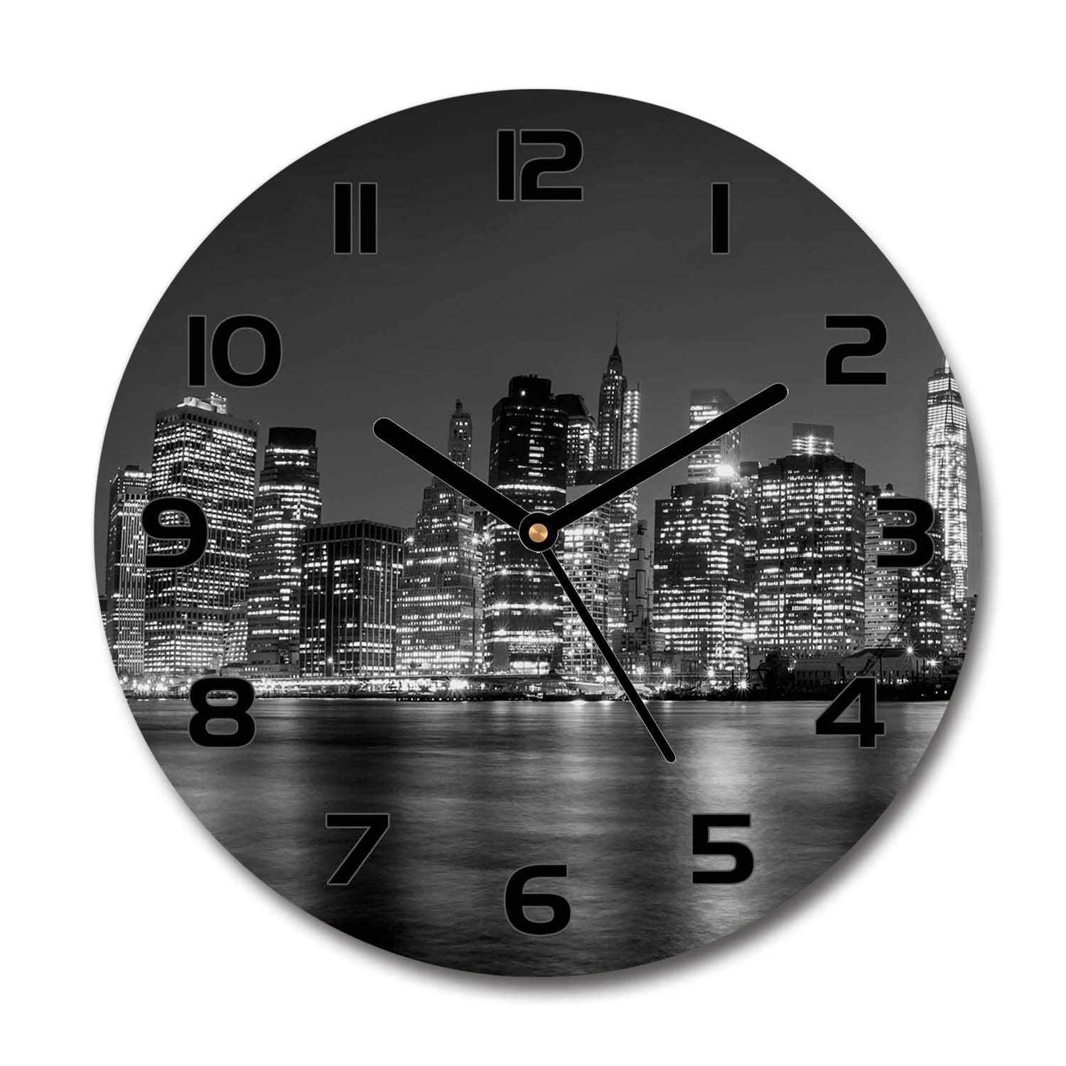 Horloge en verre 60x60cm Tulup Manhattan de nuit avec aiguilles noires