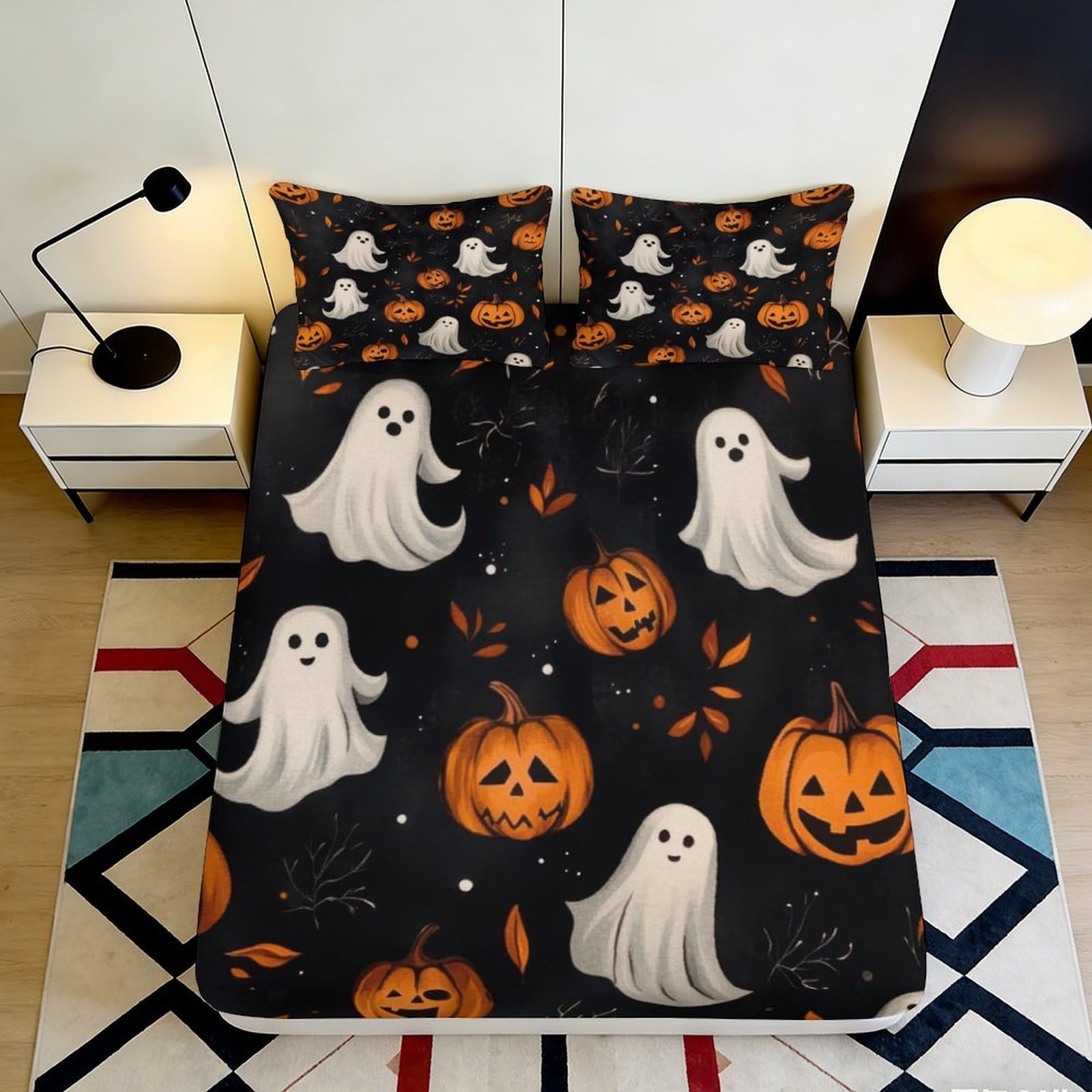 3D Printed Halloween Ghost Pumpkin Fitted Sheet Microfiber Soft Mattress Cover Decor Bedroom Dorm Black Orange 180x200x25cm
