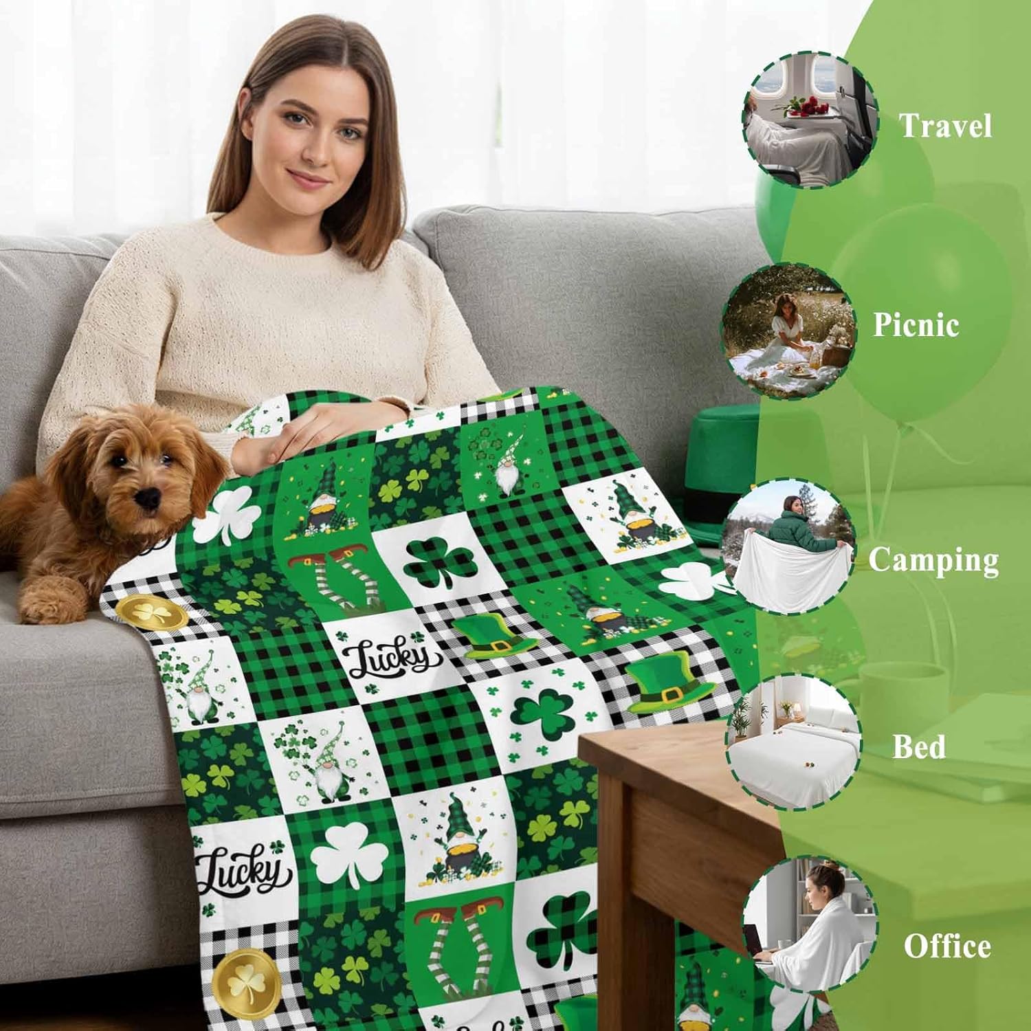 Chucoco Green Buffalo Plaid Throw Blankets, St. Patrick's Day Clover Gnomes Luxury Flannel Fleece Comfort Bed Blanket Irish Festival Theme Cozy Warm Fleece Cover for Sofa Couch Chair 50x60In