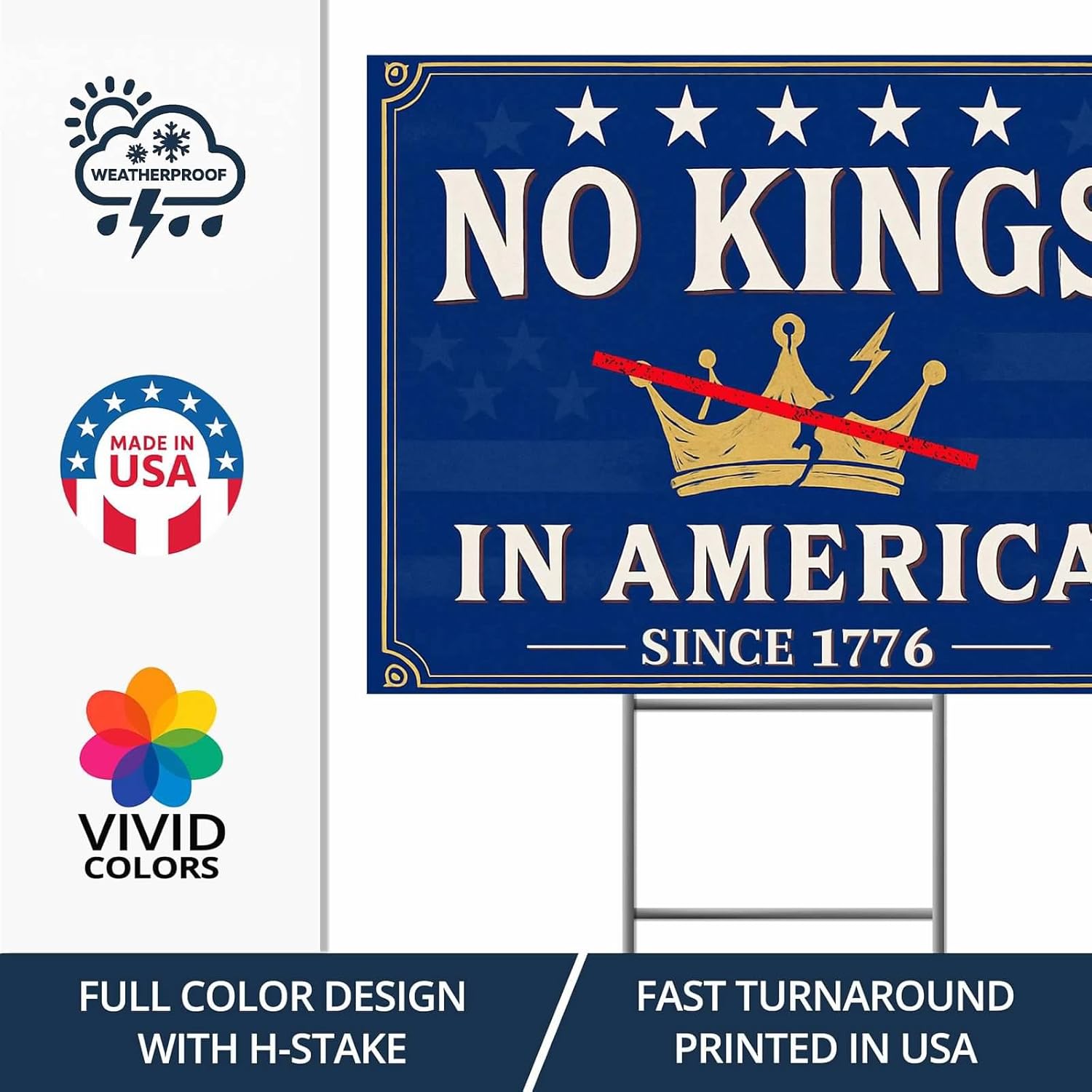 No Kings In America Sign With H Stake – 18"x24" Double-Sided Yard Sign, Blue