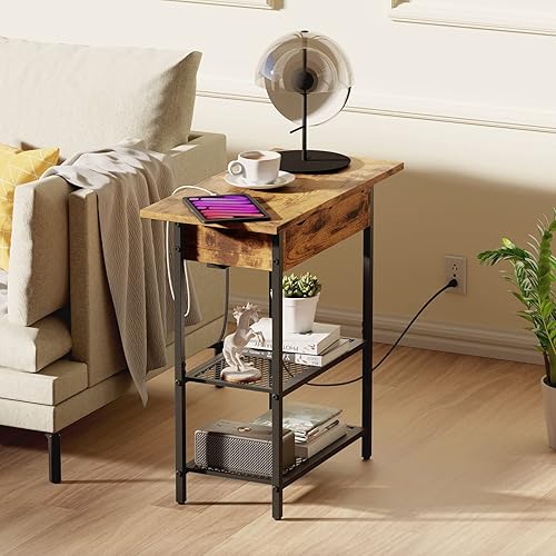 Miniatura 2 de Lifewit Mesa auxiliar estrecha con 2 tomas de corriente y 2 puertos USB, mesa auxiliar con cajón superior abatible con estantes de almacenamiento de