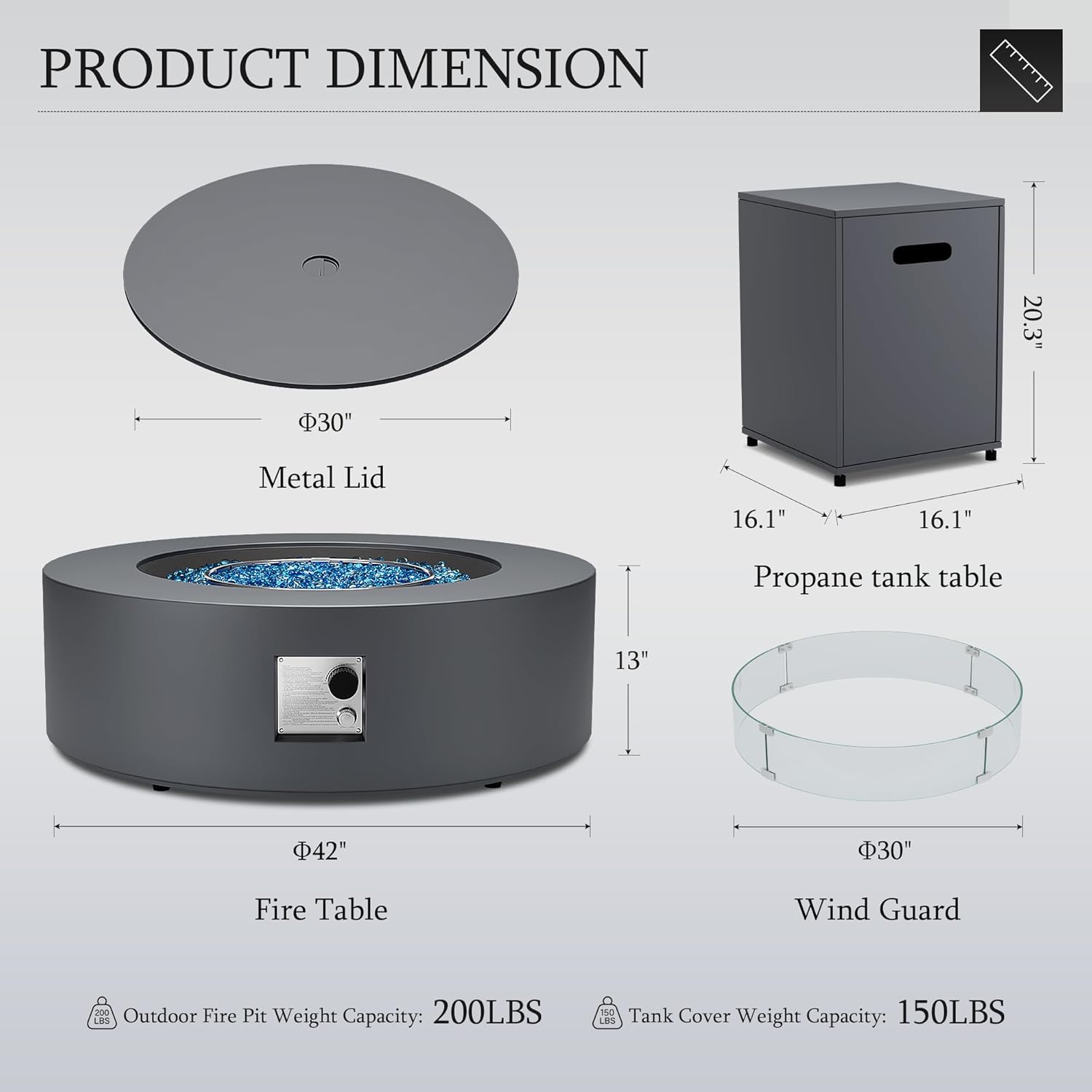 UPHA 42-inch Outdoor Propane Gas Fire Pit Table 50000 BTU Iron Round Firepit for Outside Patio with Tank Hidden Table, Wind Guard, Removable Lid, Blue Glass Rocks, Rain Cover, Grey