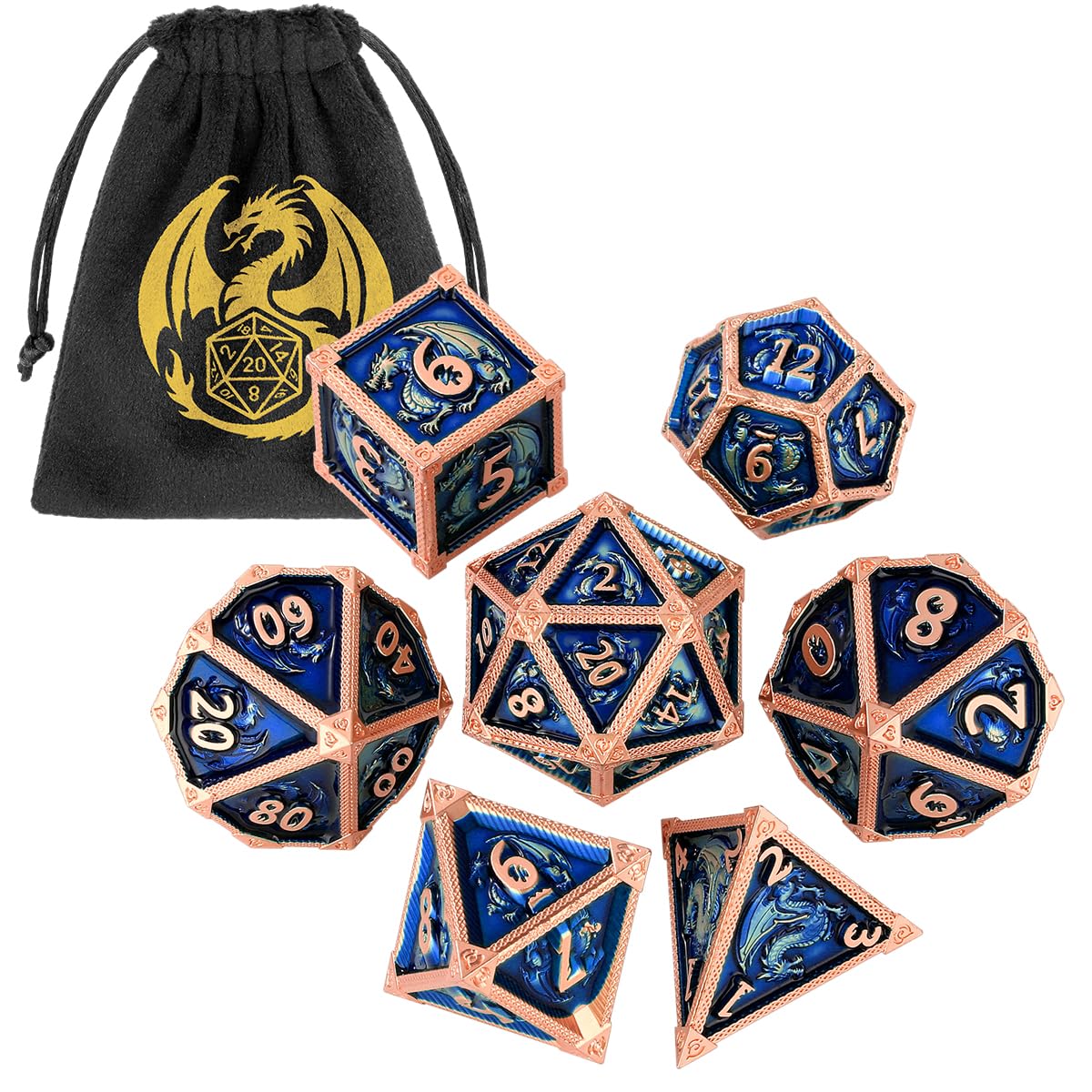 Set Di Dadi In Metallo Cavo Per D&D - Rame, 7 Pezzi Con Scatola - Dragon Black Gold, Steampunk - 3