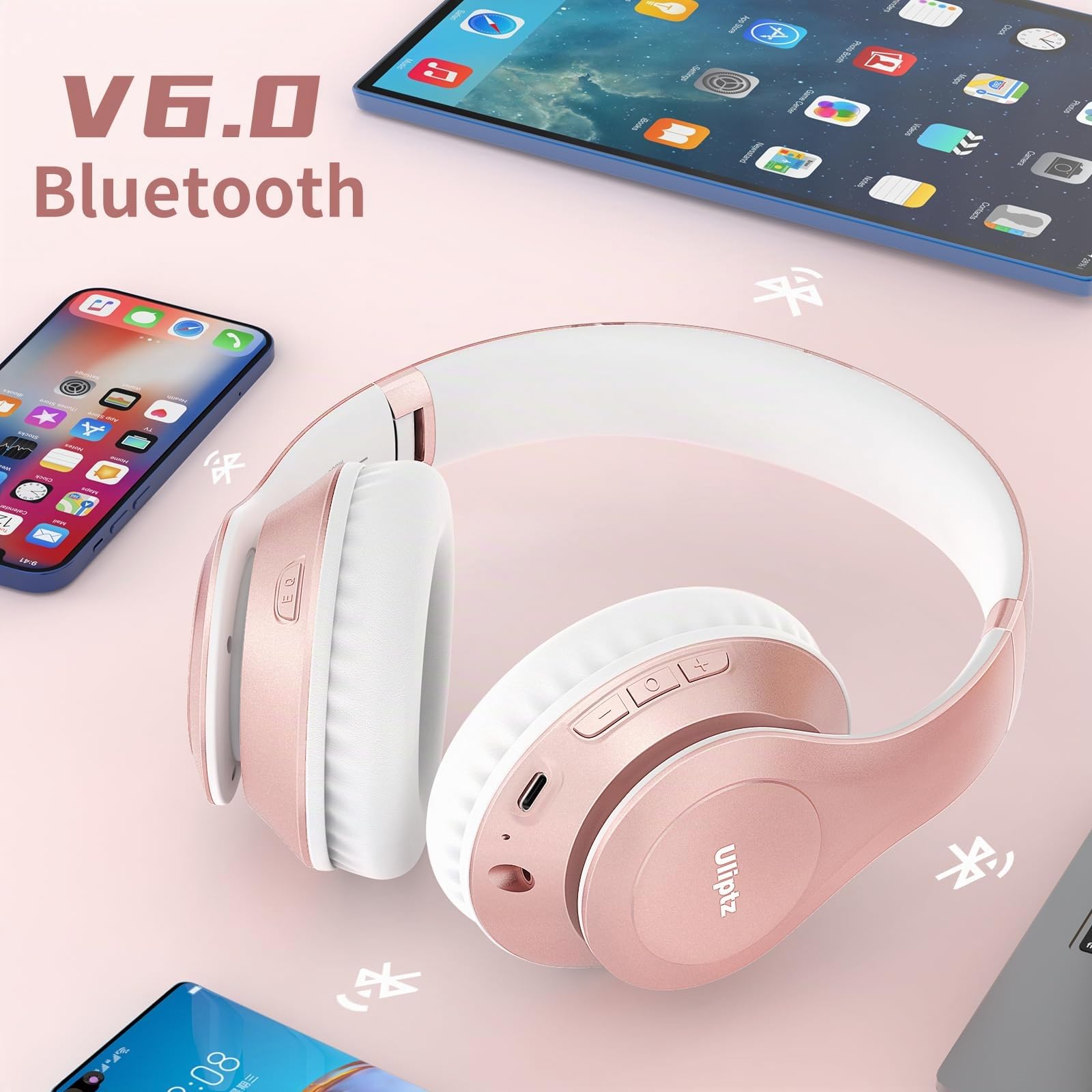 Uliptz Casque Bluetooth sans Fil, 65 Heures de Lecture Casque sans Fil Bluetooth avec Micro 6 Modes EQ, Casque Audio Bluetooth 5.3 Pliable pour Voyage/Bureau/PC (Or Rose)