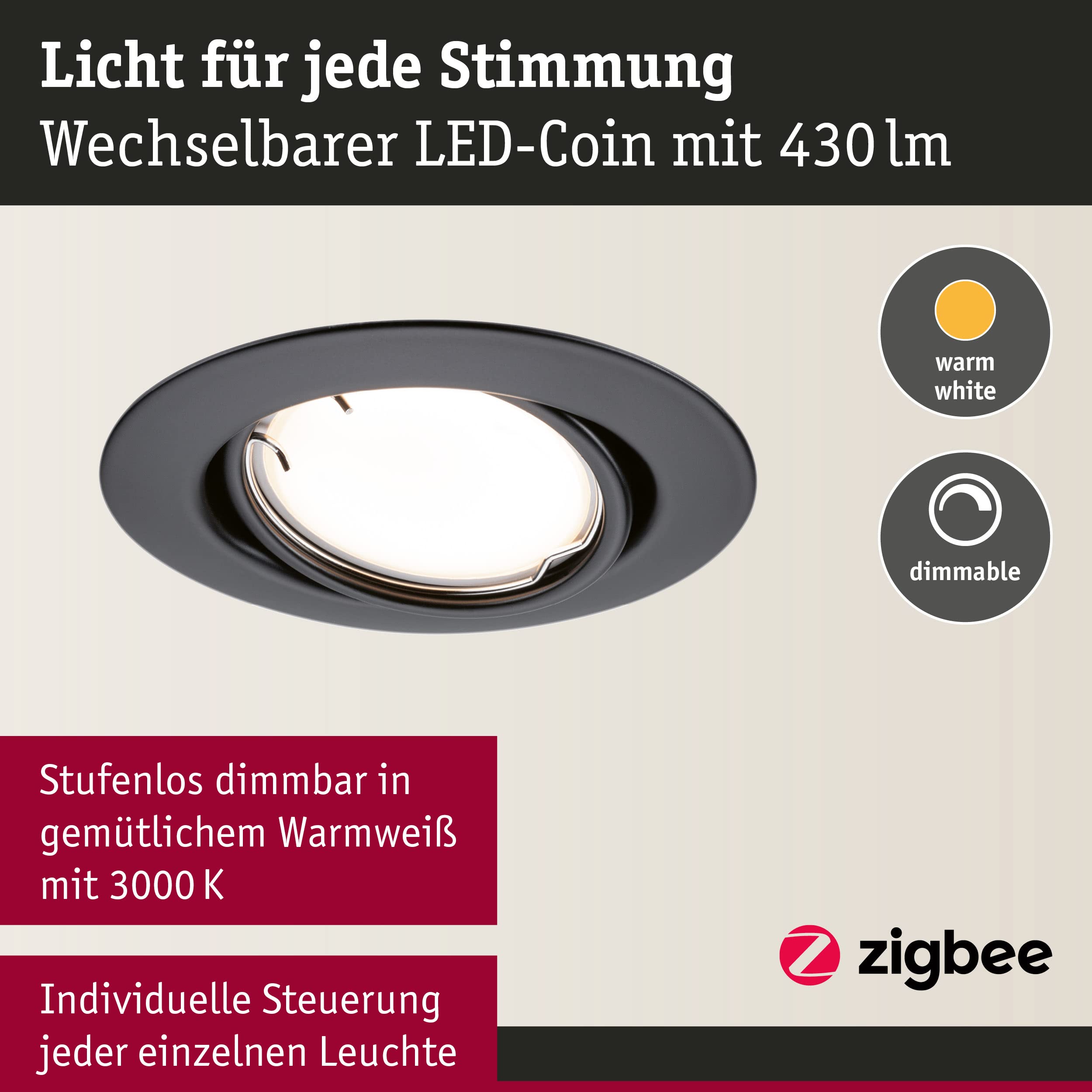 Paulmann 92465 LED Einbauleuchte Base Smart Home Zigbee Basisset schwenkbar rund 230V 3x4,9W 3x430lm dimmbar 90mm Schwarz matt Metall 3000K
