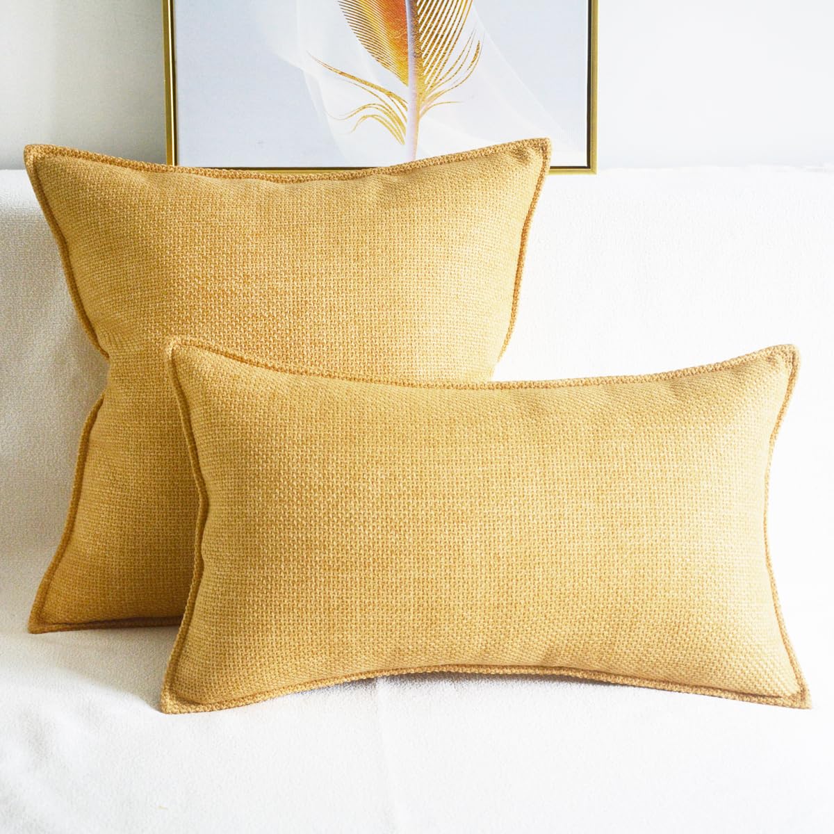 Lutanky Yellow Linen Cushion Covers 30 x 50 cm Elegant Rectangle Throw Pillow Covers (Pack of 2) for Sofa Bedroom Oblong Piped Pillowcases with Invisible Zipper 12x20 Inch - Image 3
