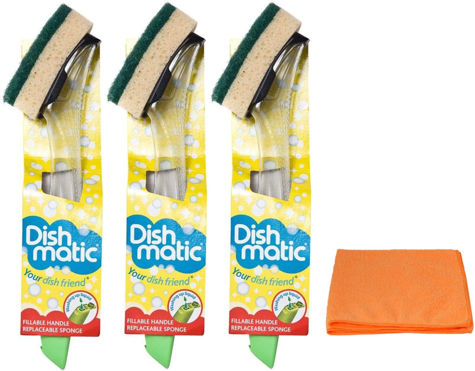 3X Fillable Washing up Brush and Sponge Bundle - Easy Grip Dish Cleaner - with Ultra Absorbent Microfibre Cleaning Cloth