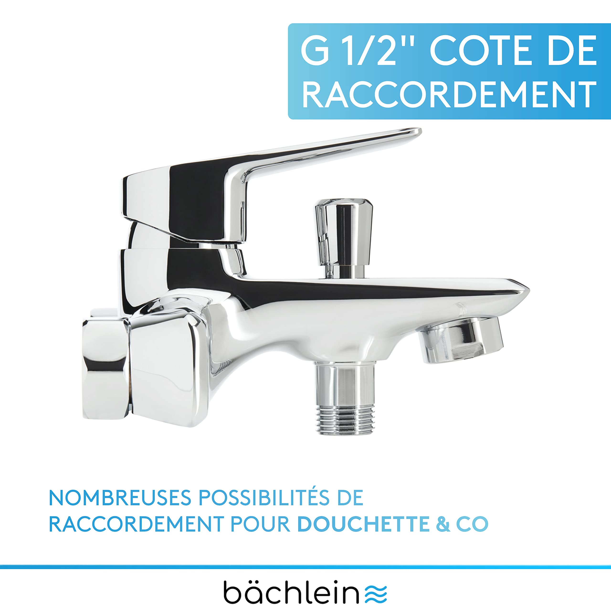 Bächlein Mitigeur Universel de Baignoire Chromé - Set Complet de Mitigeur de Baignoire avec Tous les Accessoires, Mitigeur Monocommande pour Baignoire, Mitigeur de Bain, Mitigeur de Baignoire Apparent