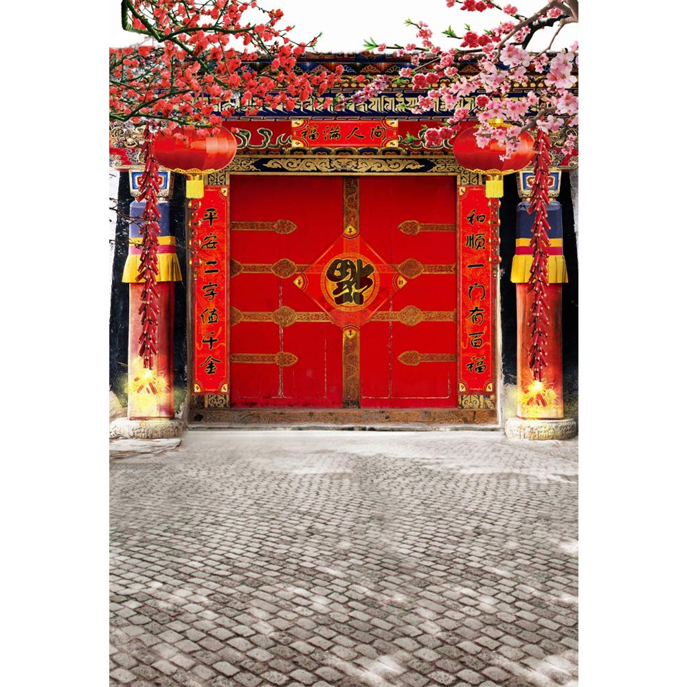 Laeacco Chinese Style Backdrop 5x7ft Vinyl Photography Background Red Gate Ancient Building Classical Architecture New Year Red Lantern Pink Pulm
