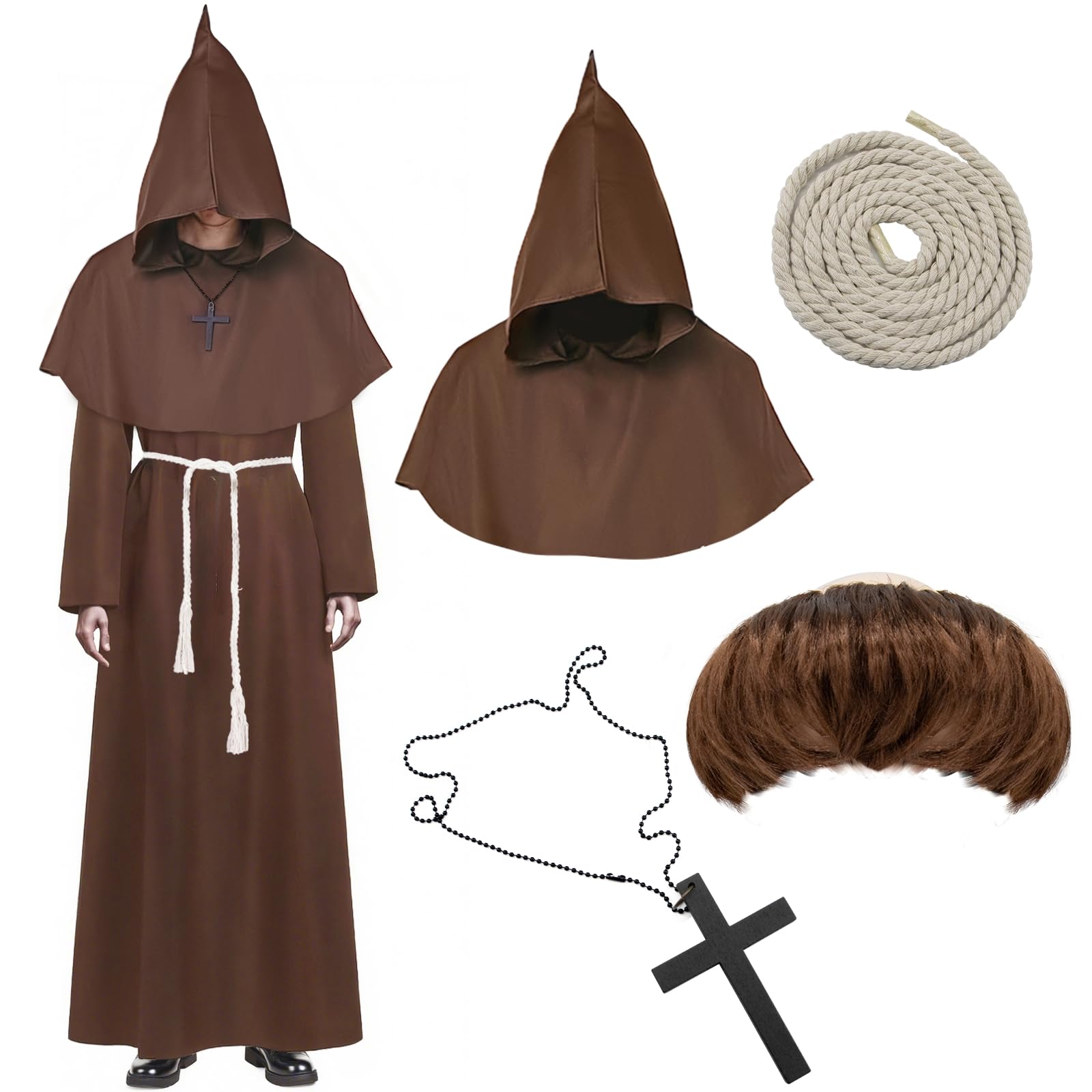 Disfraz de monje medieval para hombre, disfraz de monje con capucha, peluca de monje con sombrero marrón oscuro, cinturón de cuerda de cáñamo, cadena de cruz, Halloween, carnaval, XL (175-185 cm