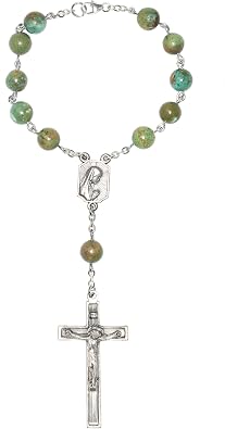 Gemstone Catholic Prayer One Decade Rosary -CHOOSE POCKET Or AUTO (Clasp for Hanging)- Includes Holy Card, Gemstone meaning -Communion, Confirmation, RCIA, Christmas, Easter, Reconciliation, Wedding