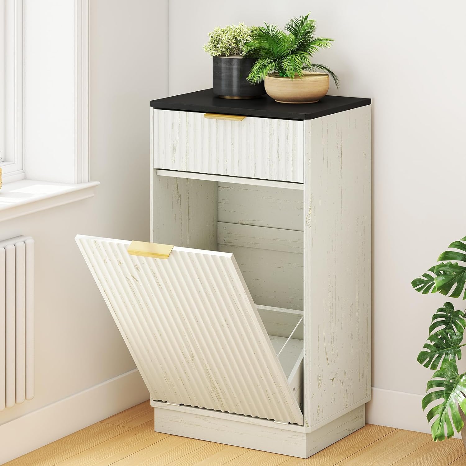 Rovibek 10 Gal Single Tilt Out Trash Can Cabinet with Storage Drawer- Fluted Kitchen Trash Cabinet Tilt Out Garbage Cabinet for Kitchen, Bathroom, Living Room, White