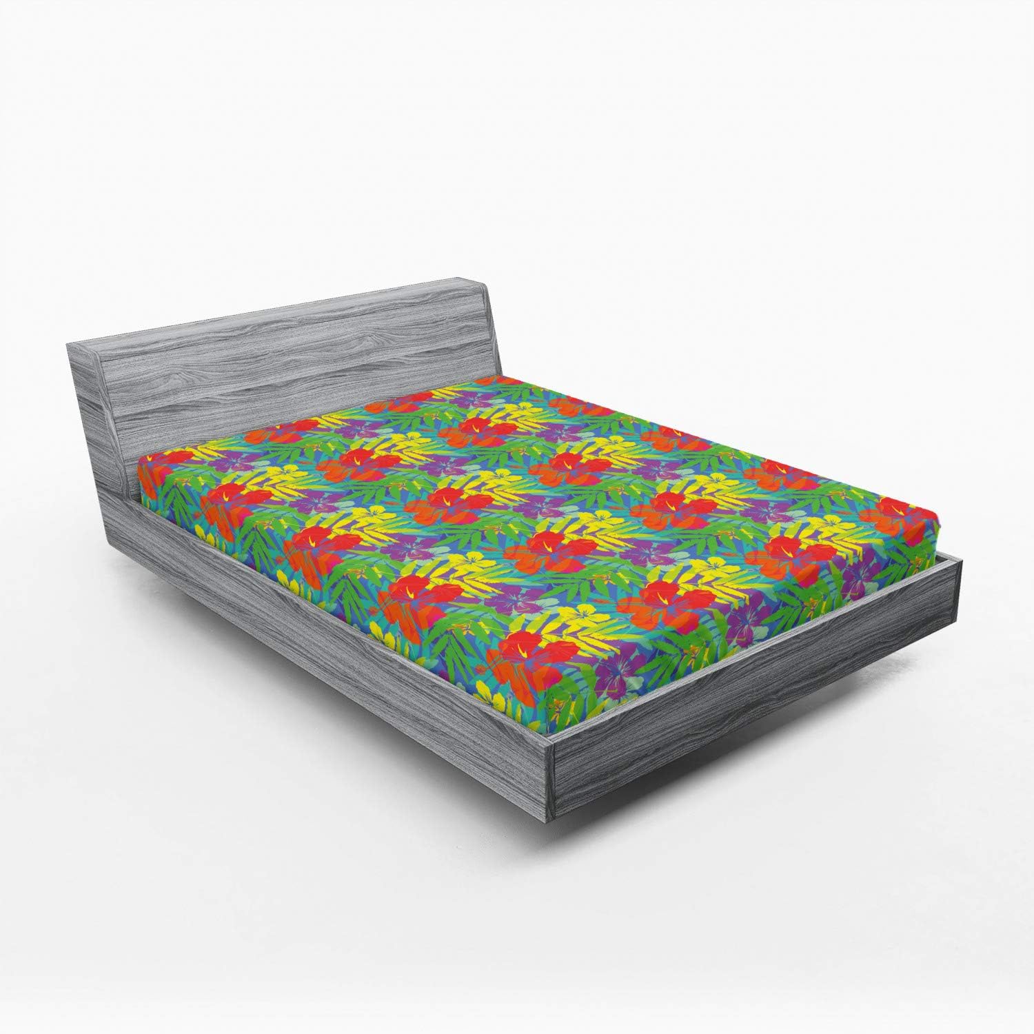 Ambesonne Aloha Fitted Sheet, Double Exposure Vivid Colored Foliage Pattern Polynesian Hawaiian Rainforest Leaves, Bed Cover with All-Round Elastic Deep Pocket for Comfort, Queen Size, Multicolor