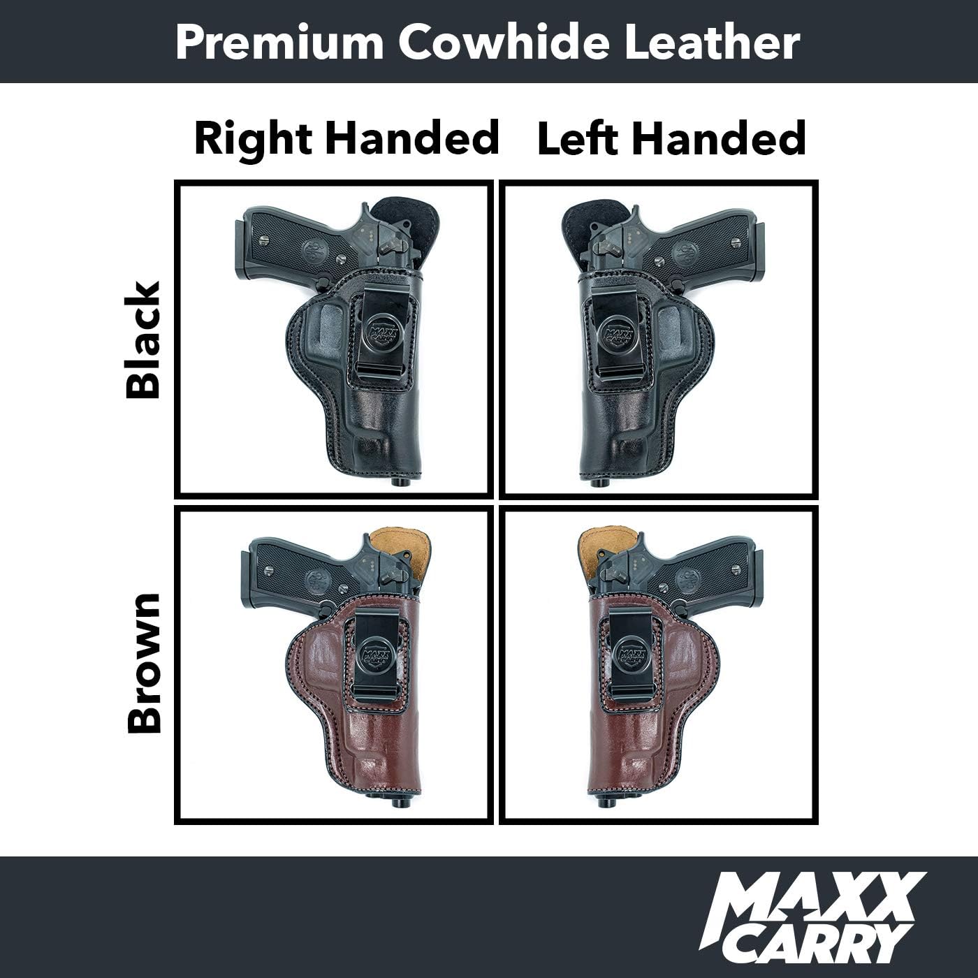 Maxx Carry Inside The Waistband Leather Holster Fits Beretta 92FS Series. IWB Holster with Clip Conceal Carry.