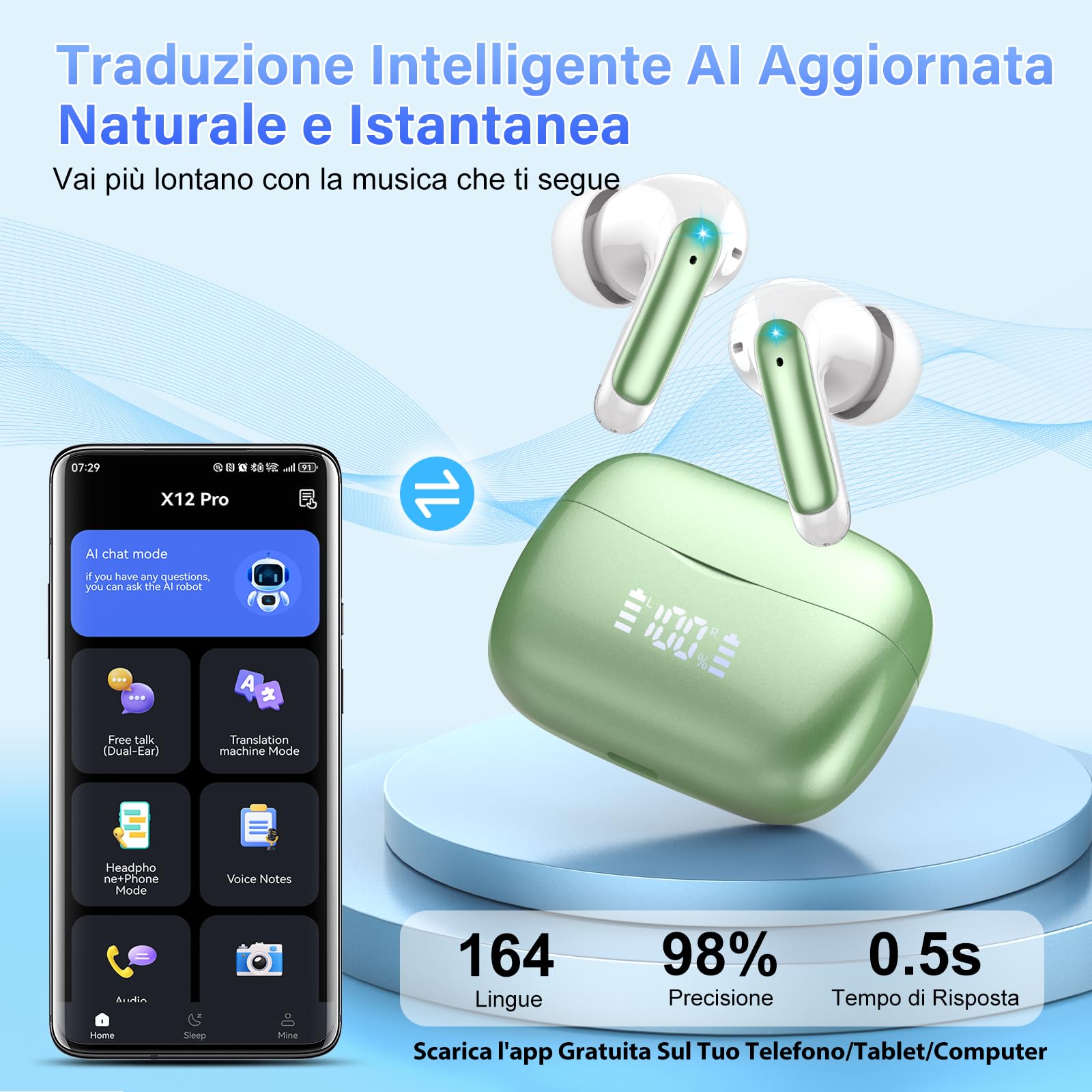 Auricolari Traduttori Strixorn 4 In 1 - Traduzione Simultanea 140+ Lingue Con IA, Bluetooth 5.4, Autonomia 48h