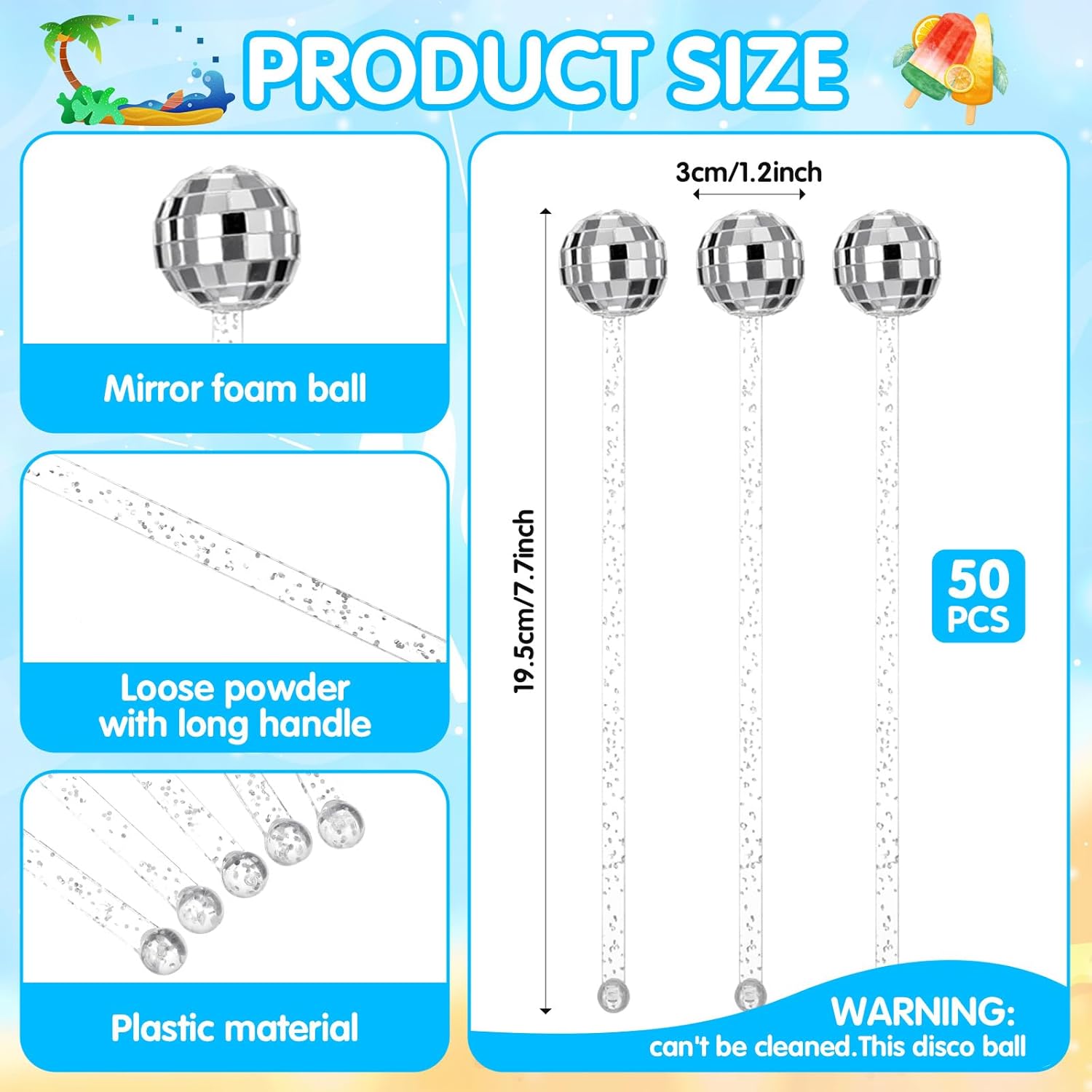 50 Pcs Disco Ball Cocktail Stirrers Plastic Round Top Swizzle Sticks Cake Pops Mirror Ball Coffee Beverage Stirrers for Home Bar Coffee Shop Use