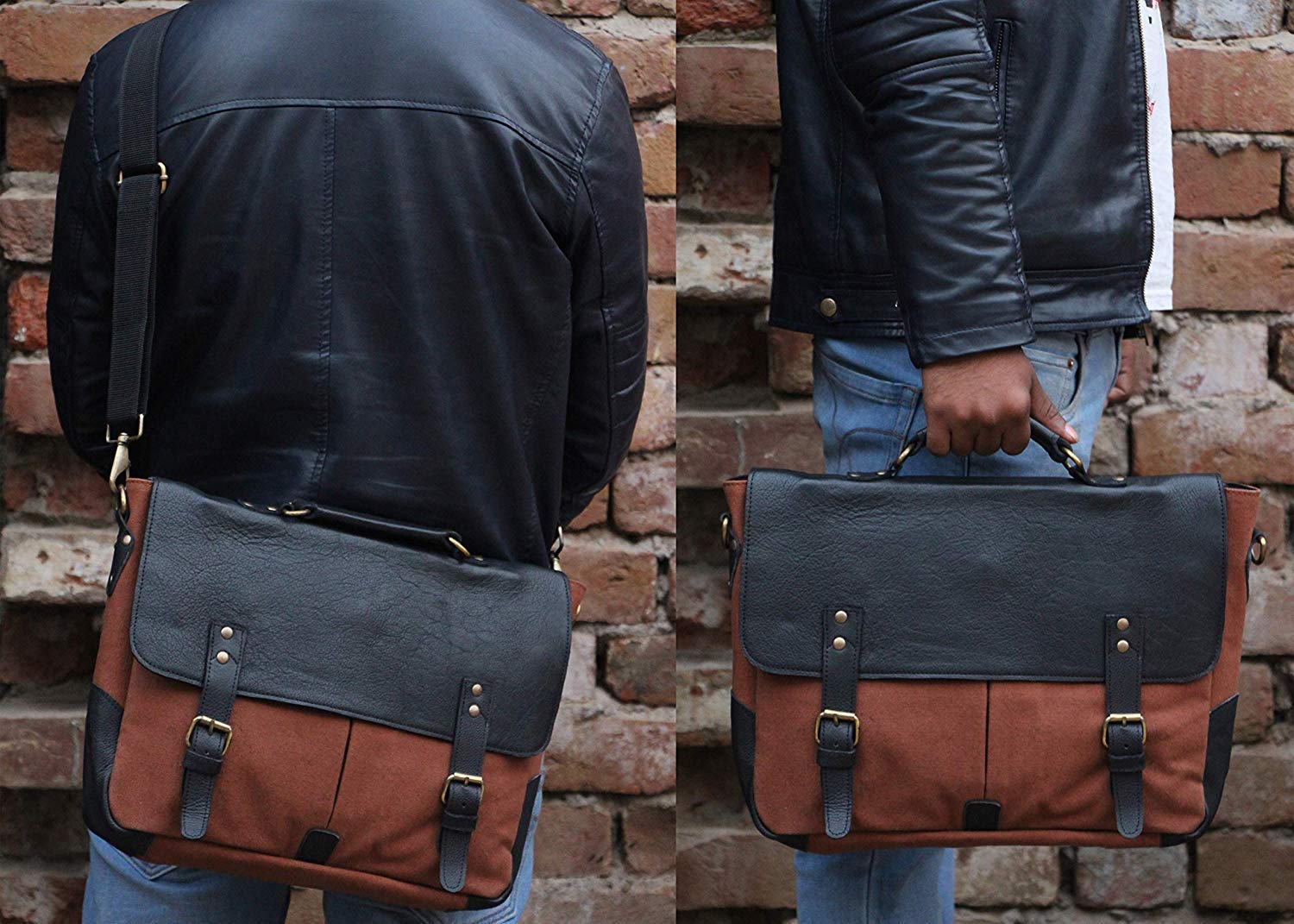 Kulli Moda Canvas and Vegan Leather 15.6 Inch Laptop Shoulder Messenger Bag for Meetings - Image 7 thumbnail