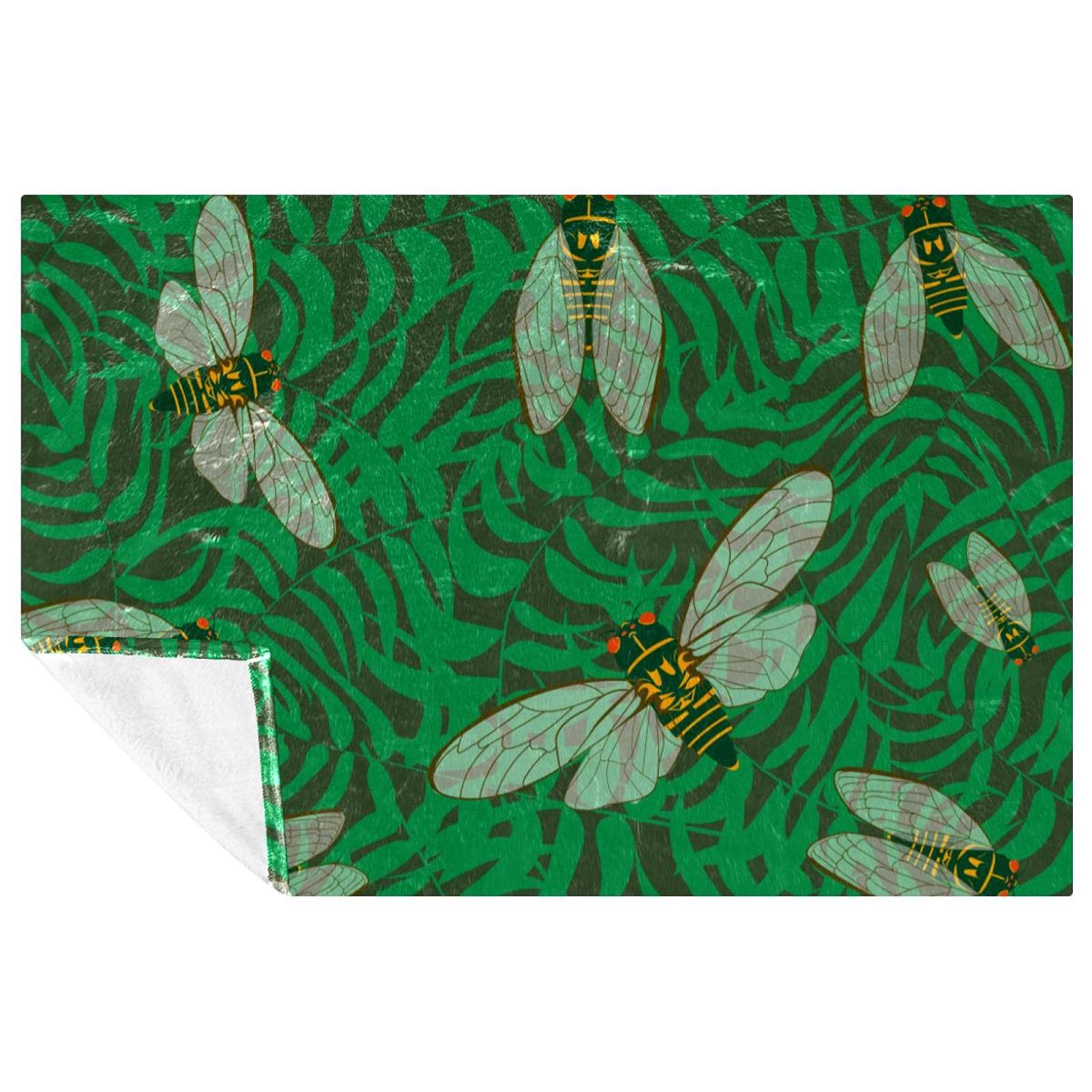 Plaid cicada imprimé motif insectes et feuilles vertes couverture 150x100 cm pour lit
