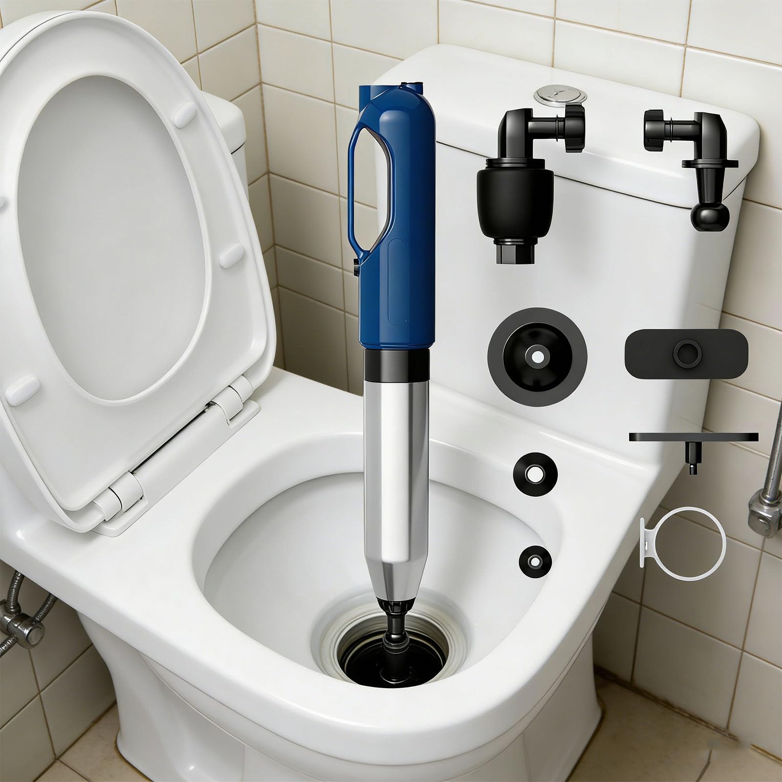 Déboucheur de toilettes robuste en acier inoxydable avec affichage de la pression active pour un retrait rapide des blocages Piston ventilateur intégré