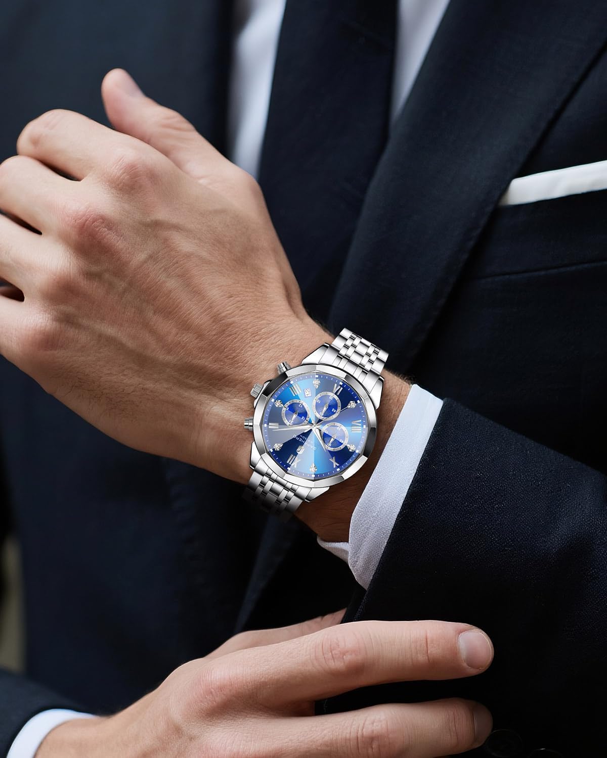 SAPPHERO Mens Watches Analog Quartz Chronograph Stainless Steel Watches for Men 50M Waterproof Men's Wrist Watches with Calendar Luxury Business Work Casual Watch Elegant Gifts for Men - Image 3