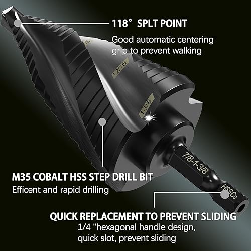 Miniatura 3 de ENBMEI Broca escalonada de cobalto M35 con cuatro flautas en espiral, 316 a 1-38 pulgadas (19 tamaños de paso), ideal para metal, acero inoxidable,