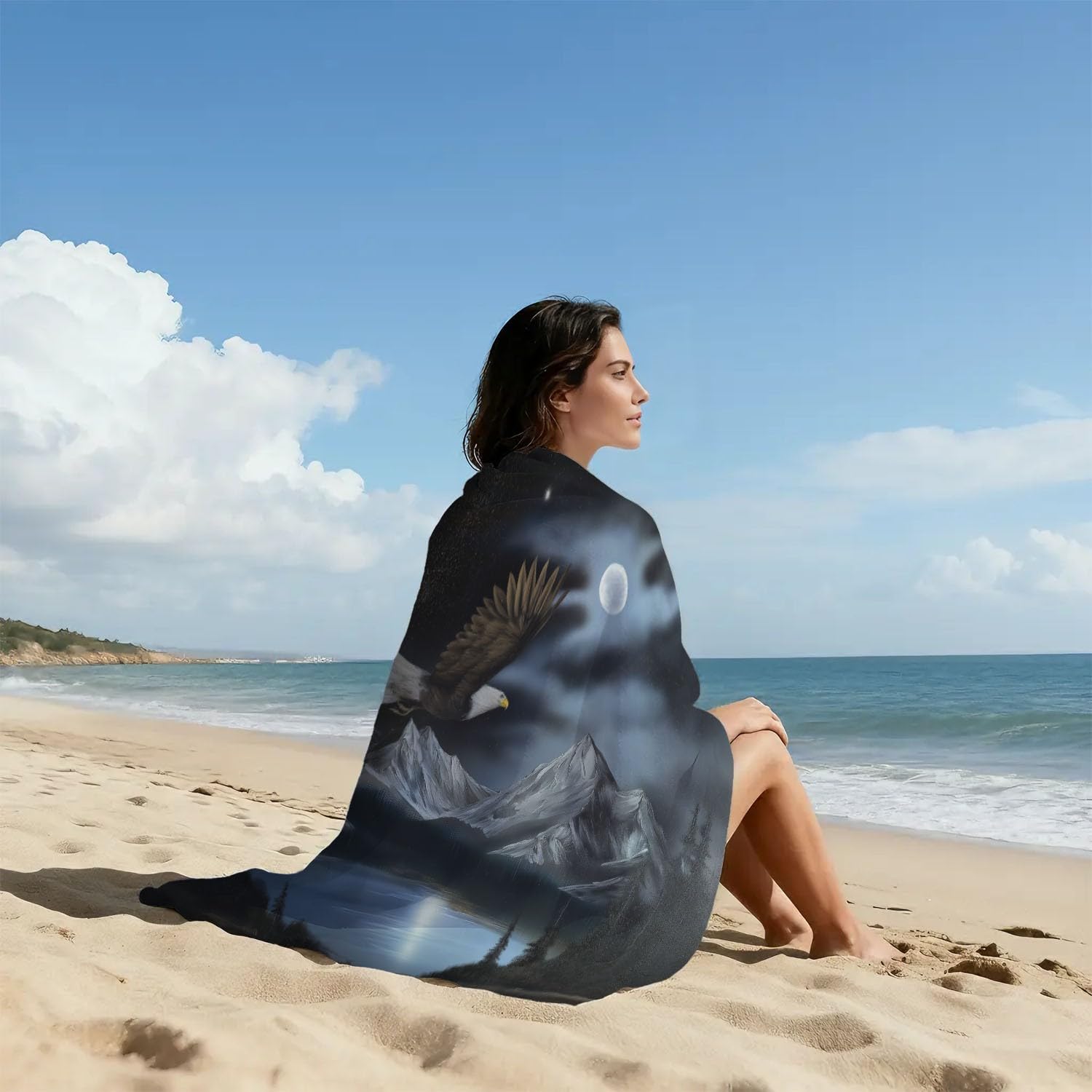 Microfaser Strandtuch 230 x 210 cm - Reisehandtuch Schnelltrocknend Seeadler Bergsee Wald Natur Strandtuch Großartig Realistisch Wild Amerikanisch für Campen, Picknick, Ausflüge